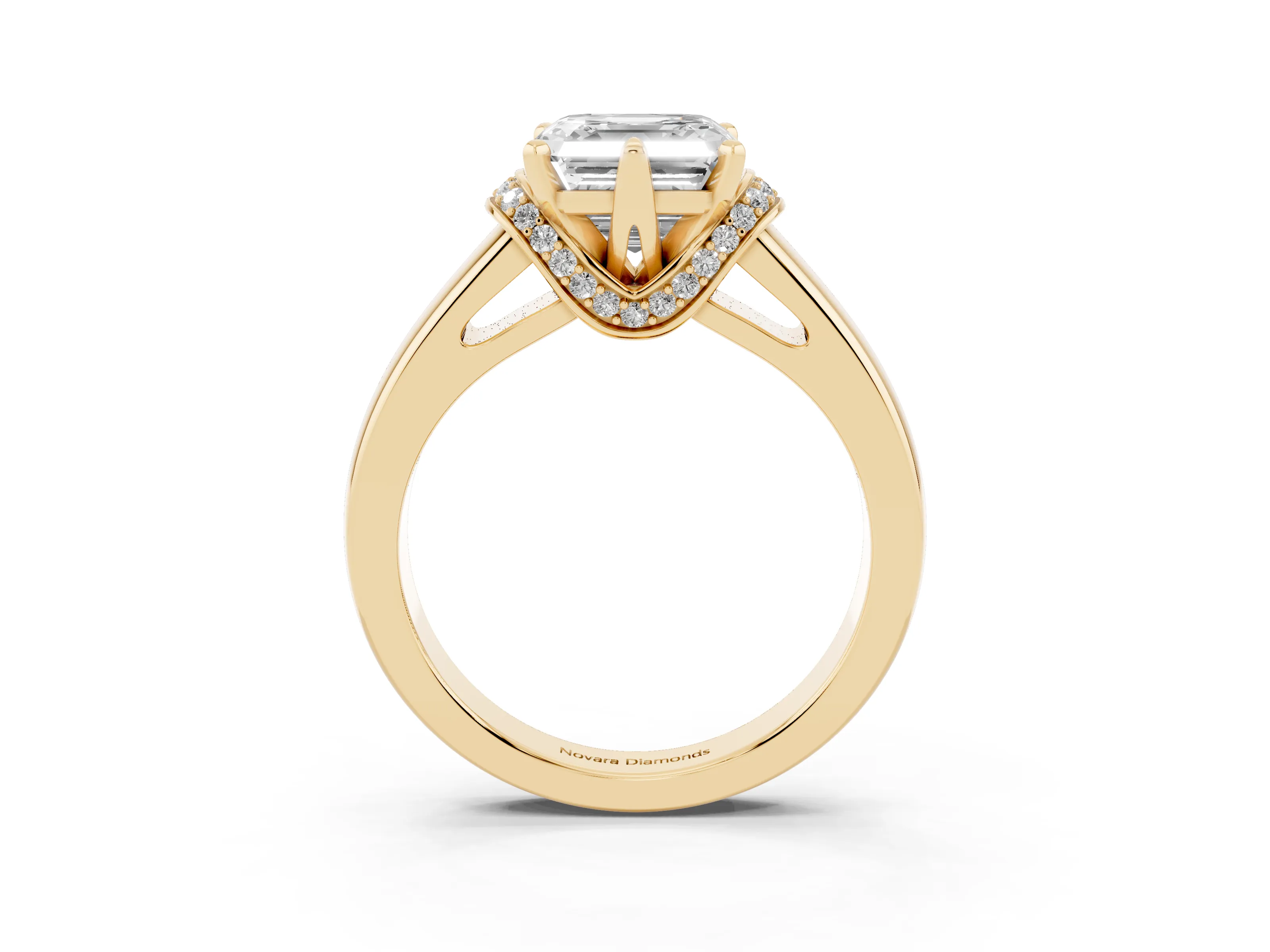 Asscher Cut Diamond Pavé Band Solitaire Ring Set in Yellow gold with Prong Setting