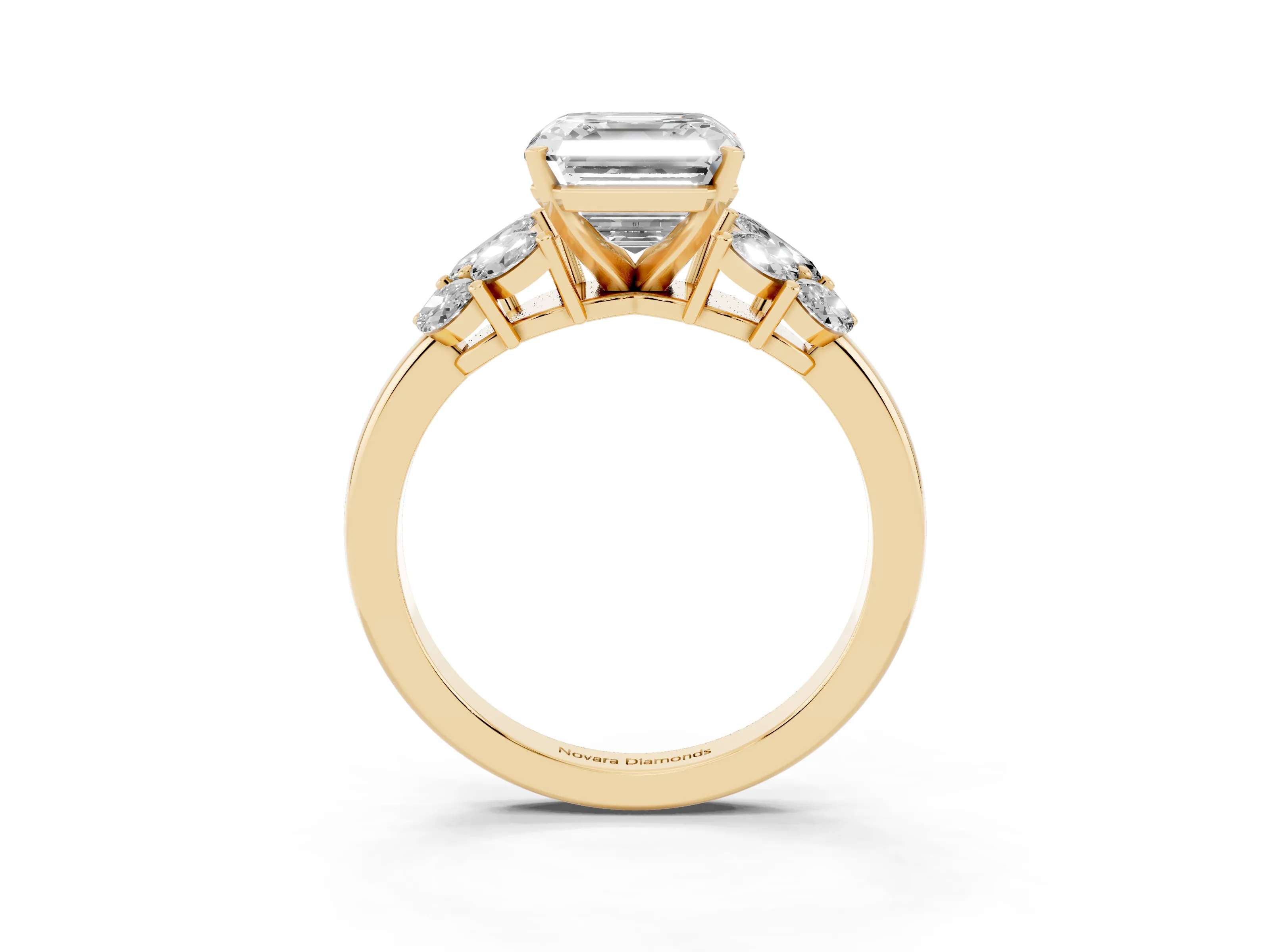 Asscher Cut Diamond Cluster Leaf Design Ring Set in Yellow gold with Prong Setting