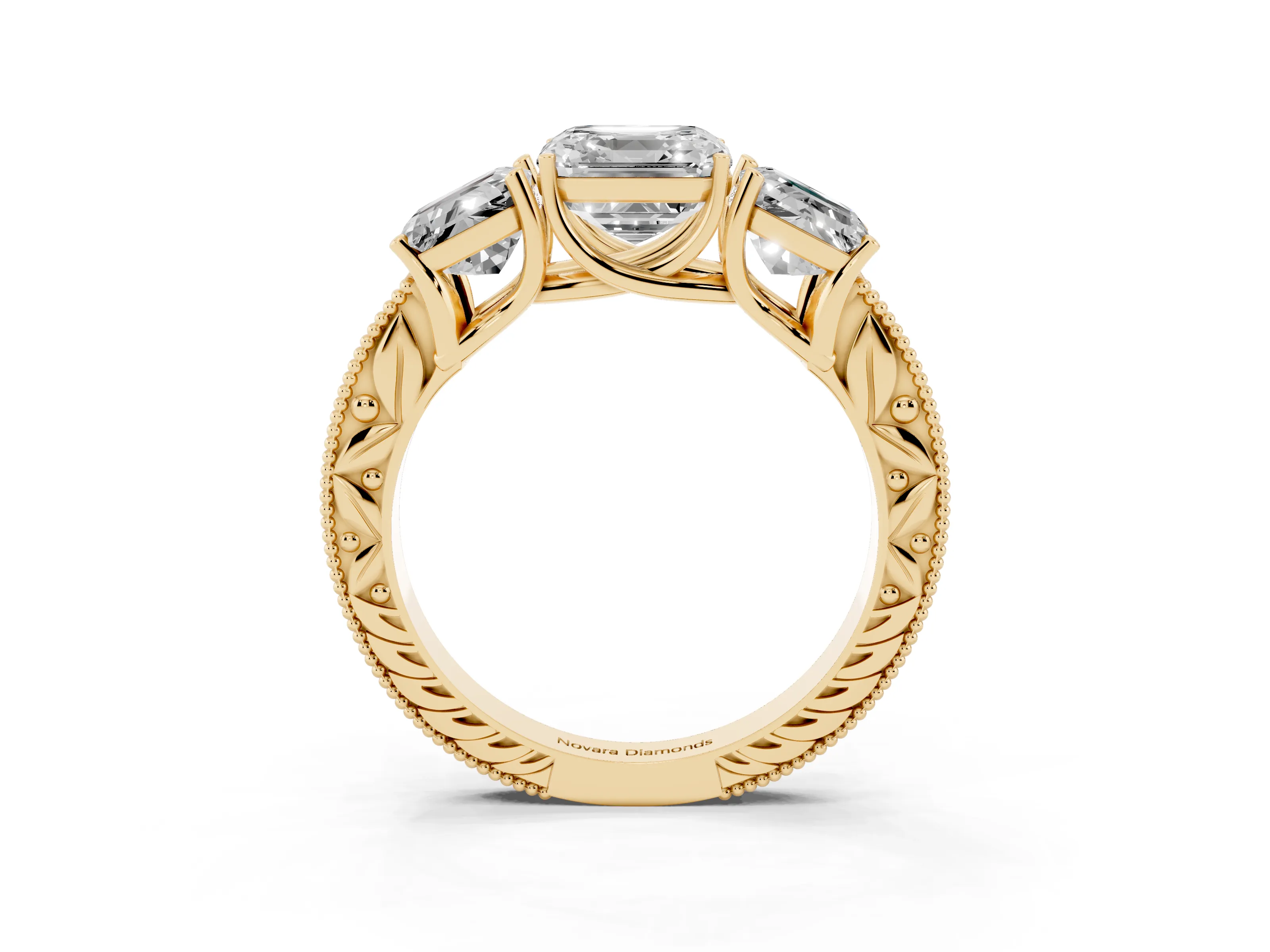 Asscher Cut Diamond Three-Stone Engagement Ring Set in Yellow gold with Milgrain Pavé Band