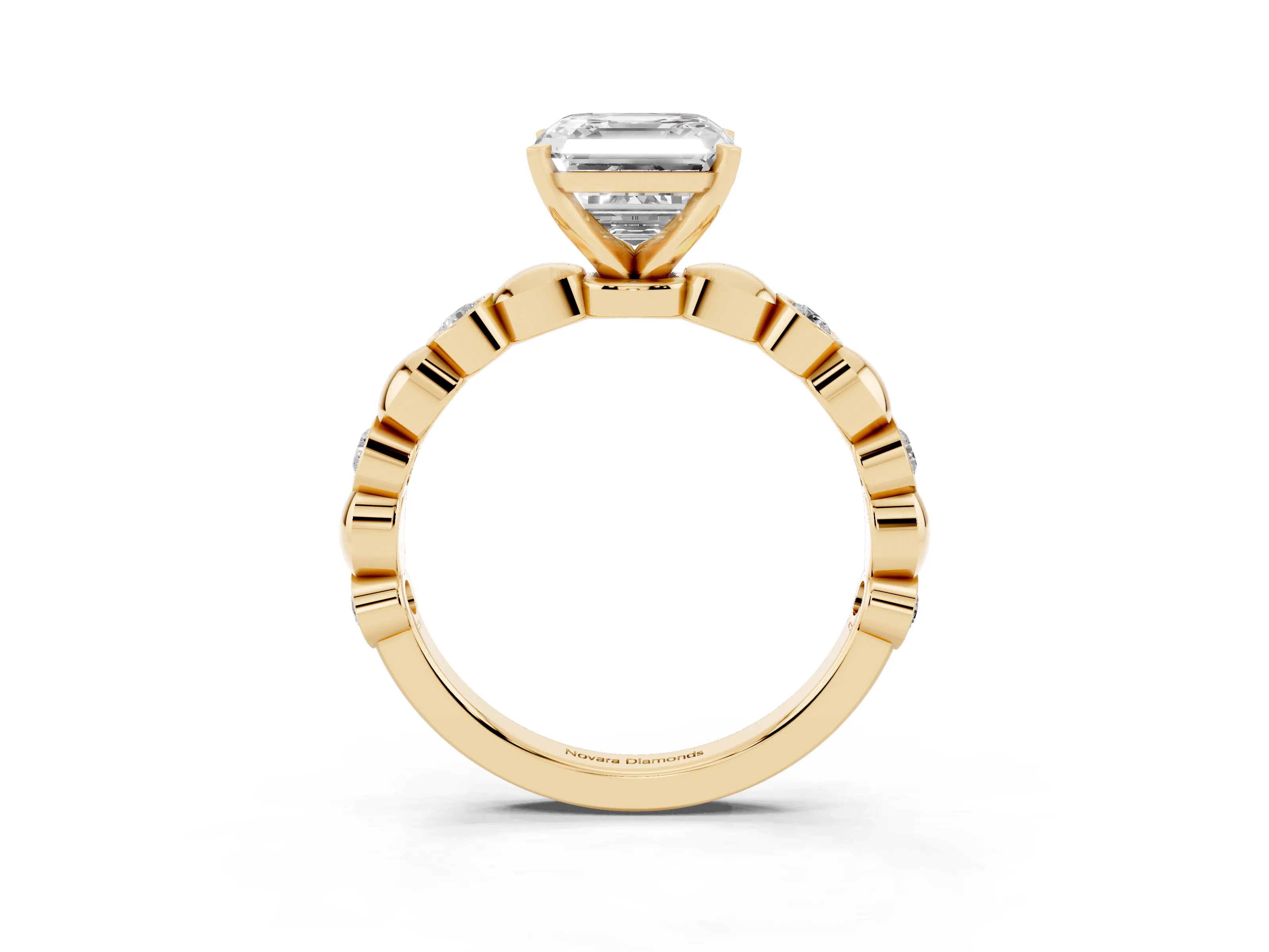 Asscher Cut Diamond Solitaire Ring Set in Yellow gold with Bezel-Set Accents on Beaded Band and Prong Setting