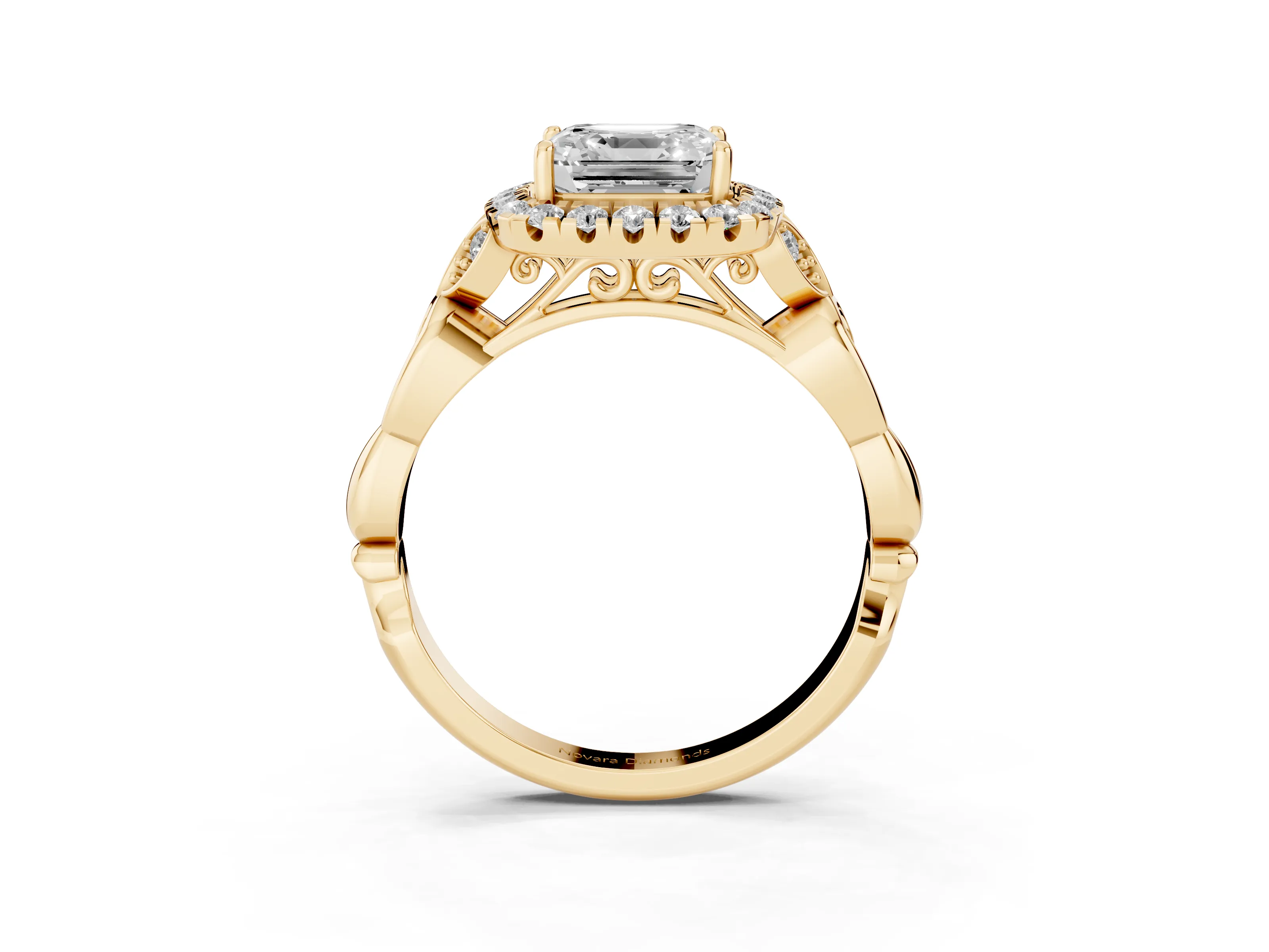 Asscher Cut Diamond Halo Engagement Ring Set in Yellow gold with Vintage-Inspired Band and Prong Setting