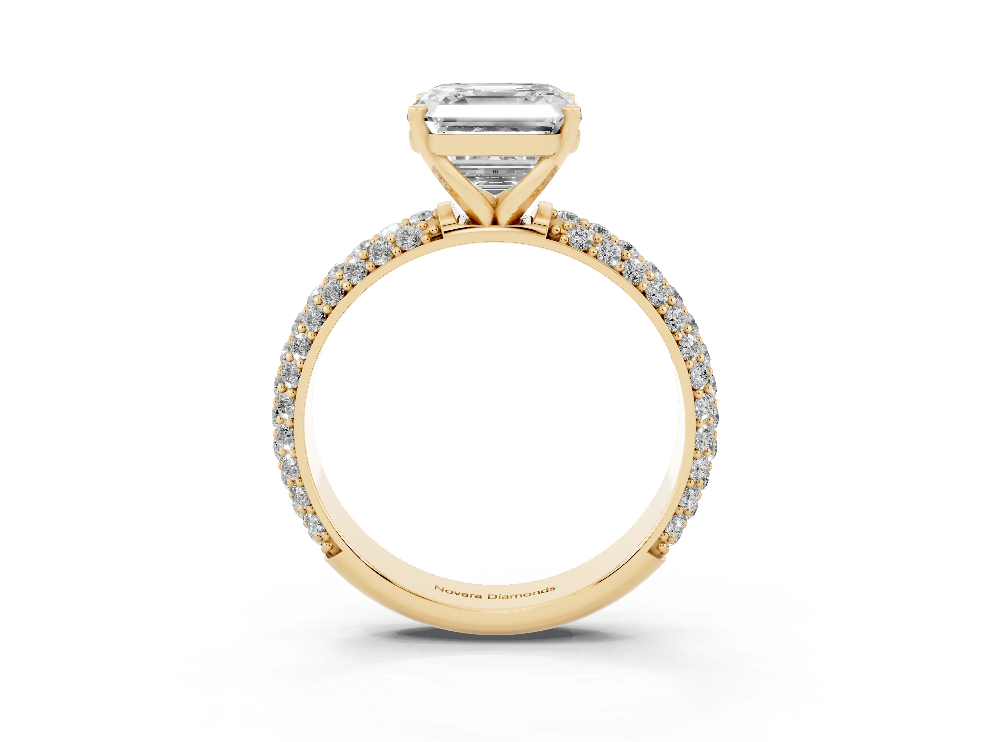 Asscher Cut Diamond Solitaire Ring Set in Yellow gold with Prong Setting and Pavé-Set Band