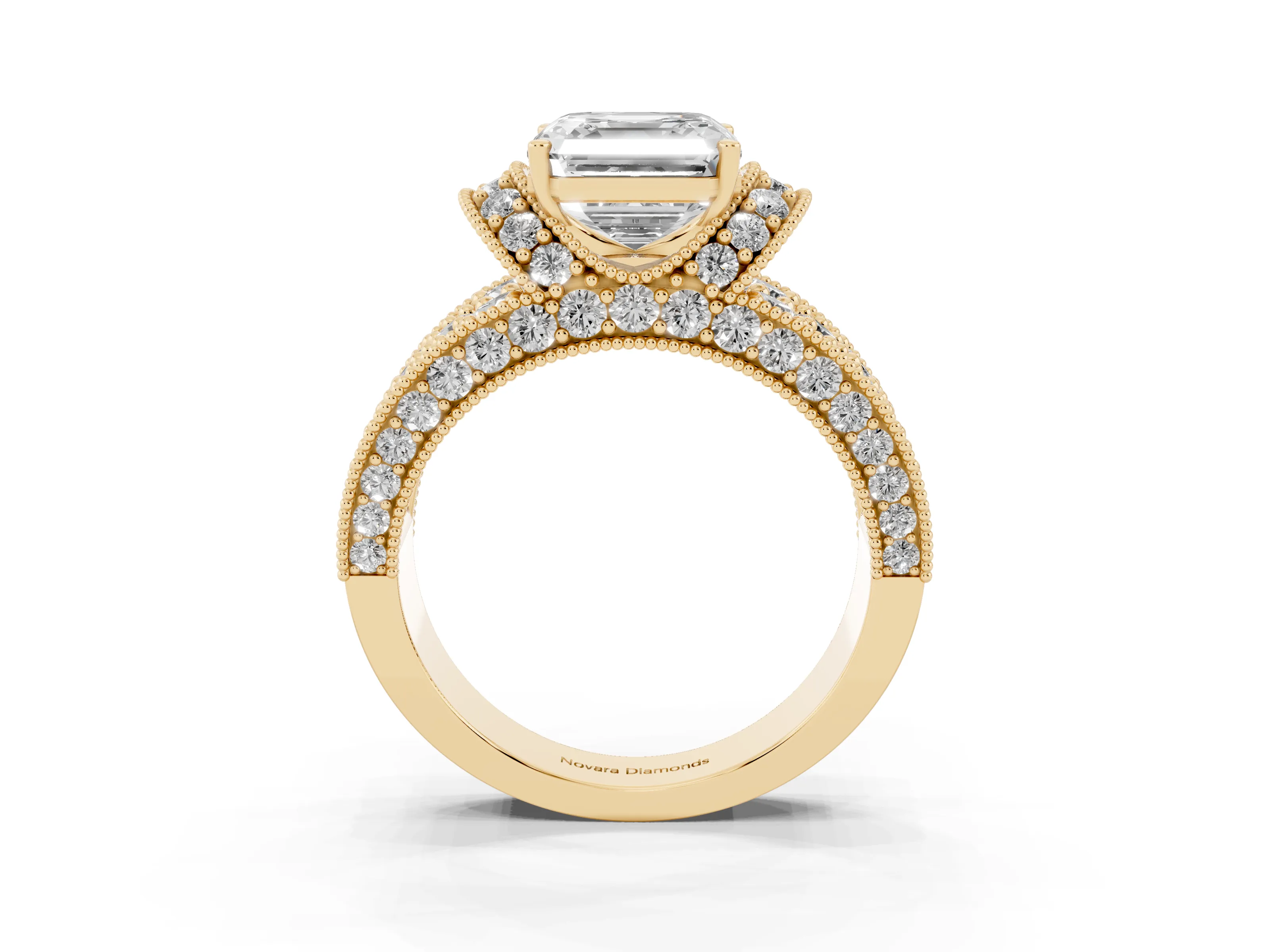 Asscher Cut Diamond Milgrain Halo Pavé Engagement Ring Set in Yellow gold with Prong Setting