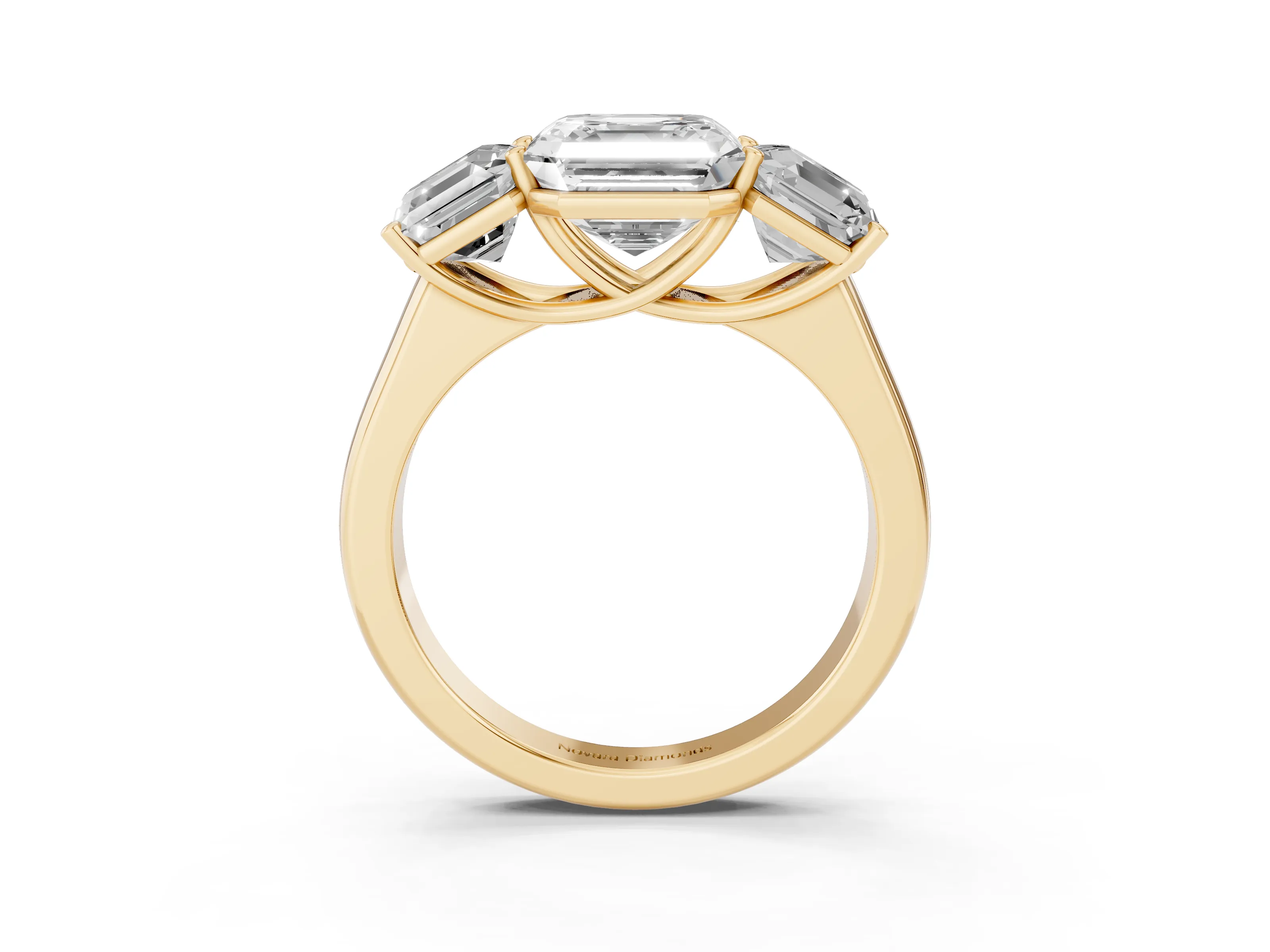 Asscher Cut Diamond Three-Stone Ring Set in Yellow gold with Plain Polished Band