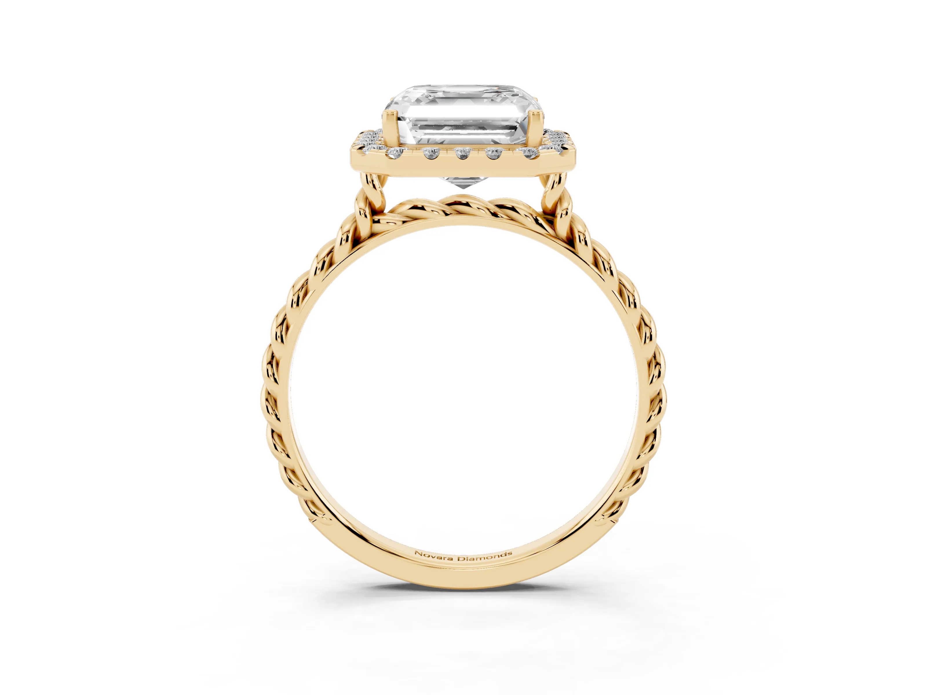 Asscher Cut Diamond Halo Ring Set in Yellow gold with Plain Twisted Band