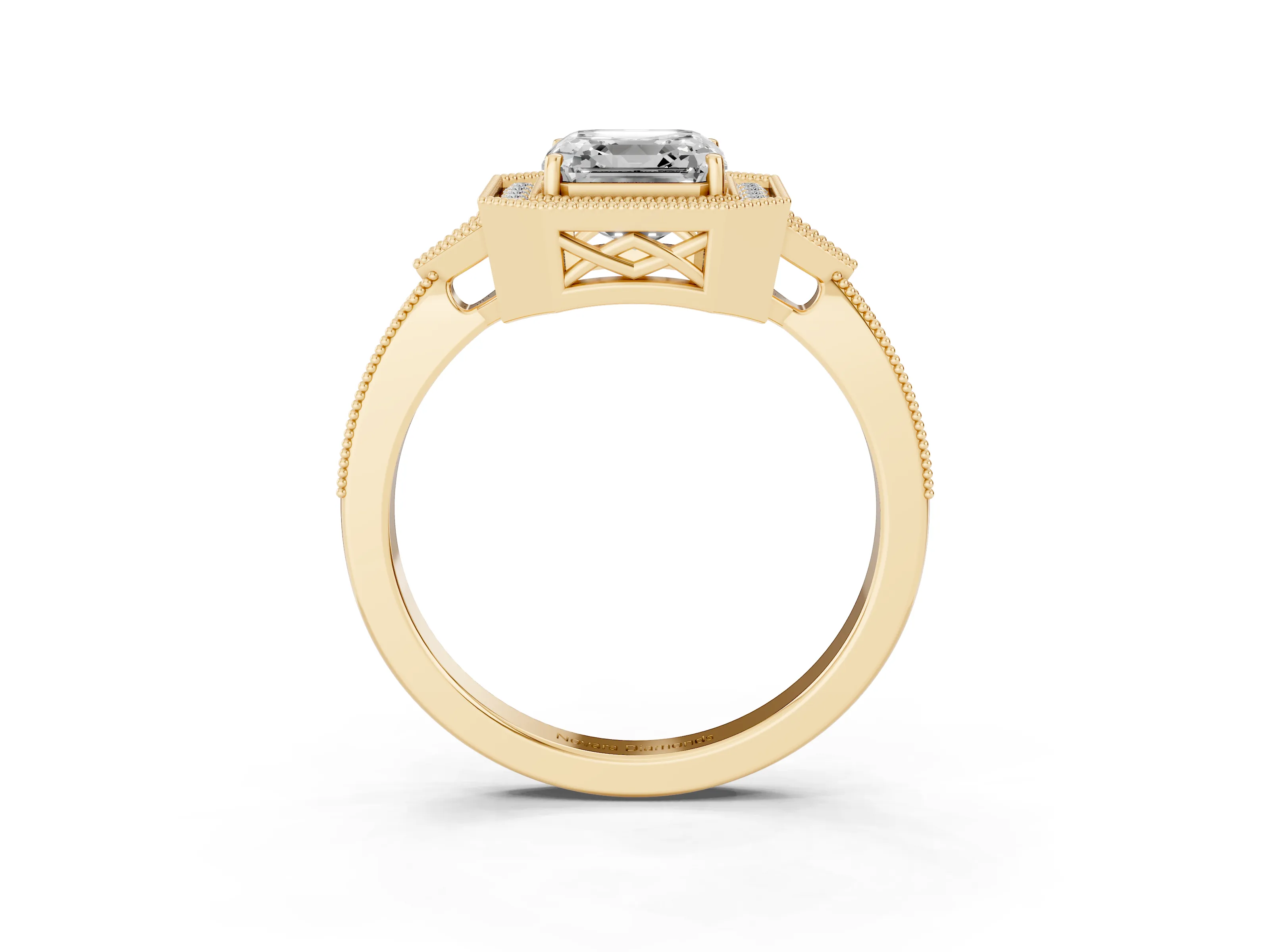 Asscher Cut Diamond Halo Engagement Ring Set in Yellow gold with Milgrain Pavé Band