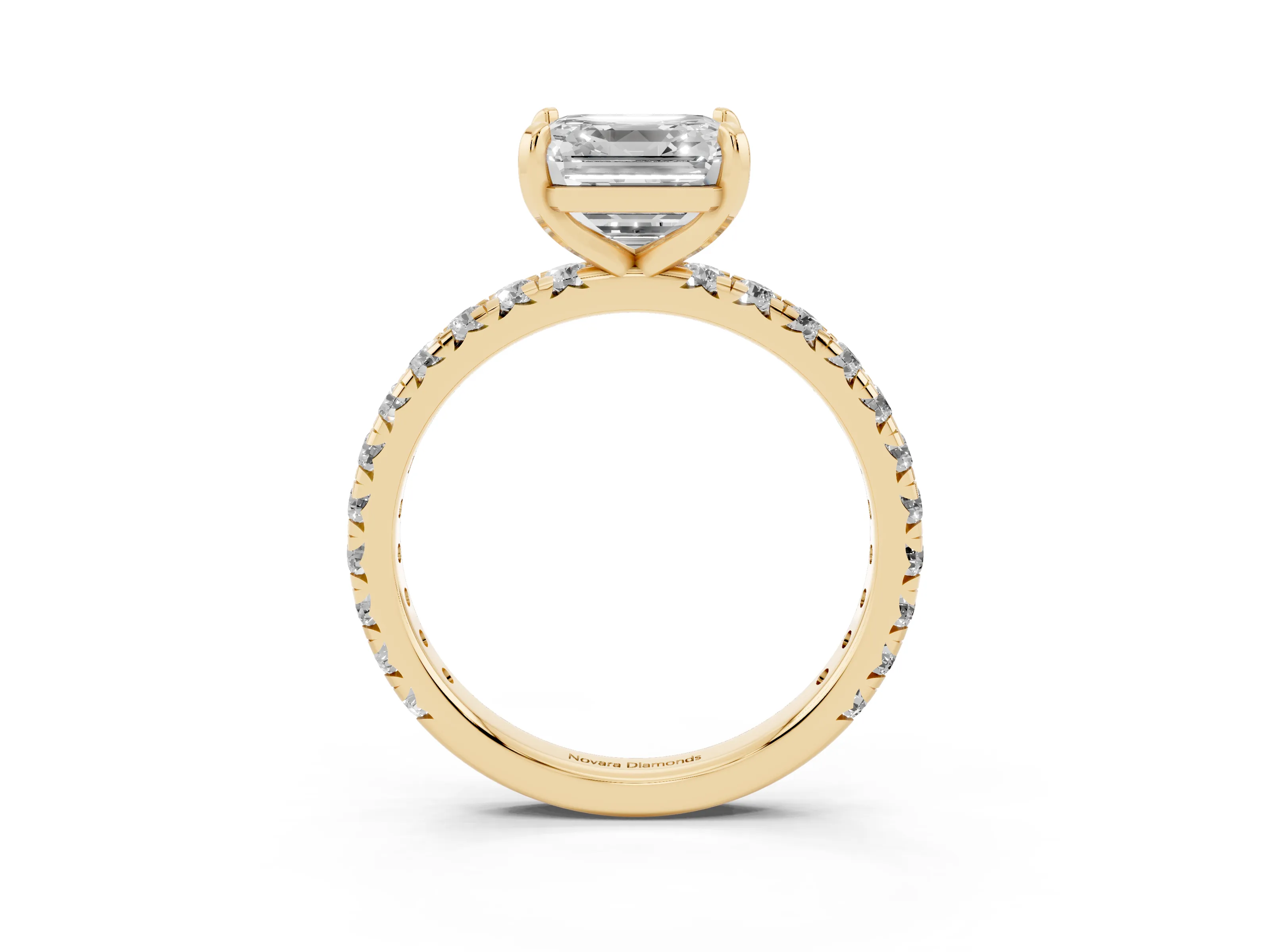 Asscher Cut Diamond Pavé Solitaire Ring Set in Yellow gold with Round Band and Prong Setting