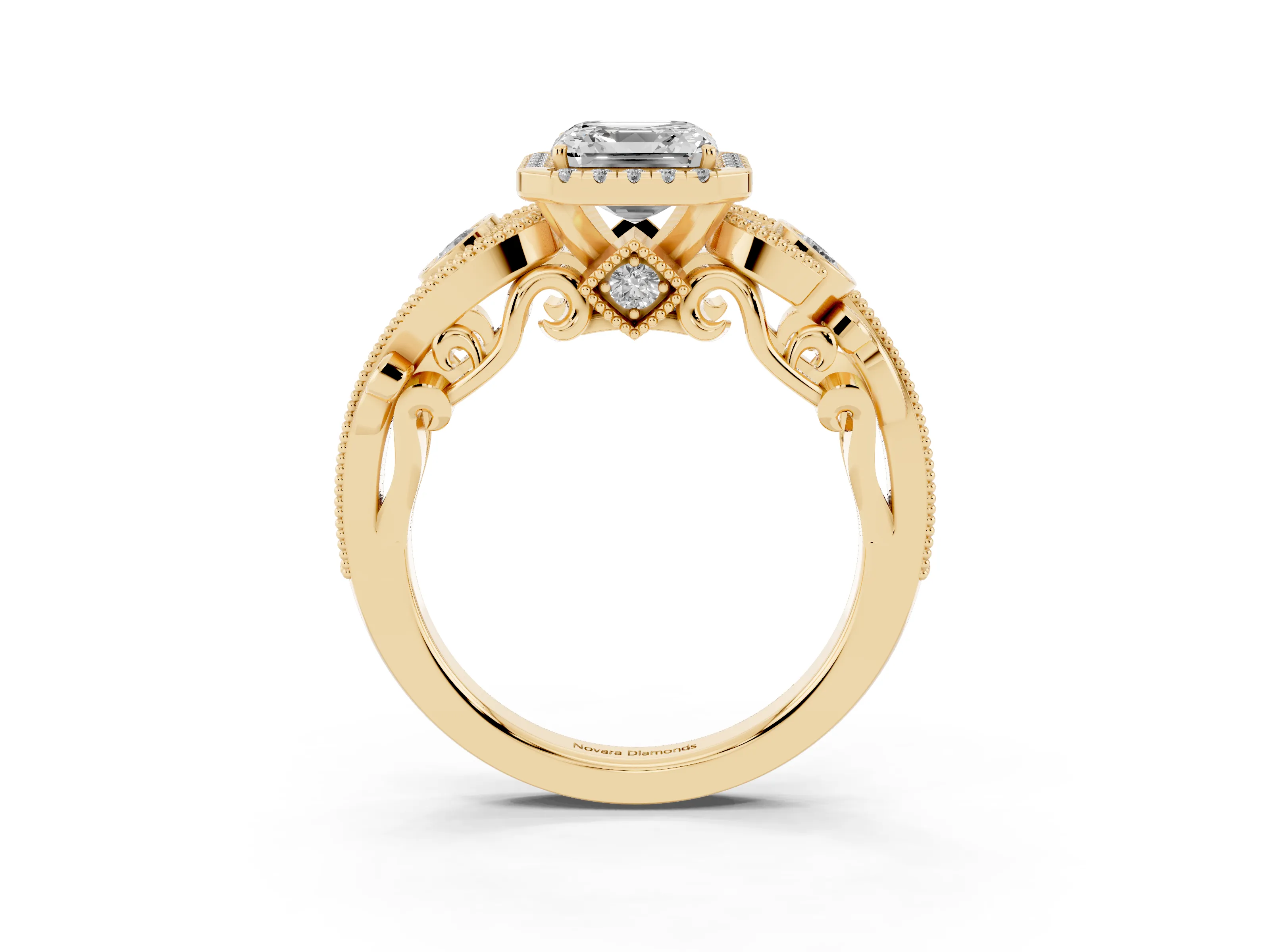 Asscher Cut Vintage Milgrain Halo Engagement Ring Setting | Bezel Shoulder Accents | Yellow Gold