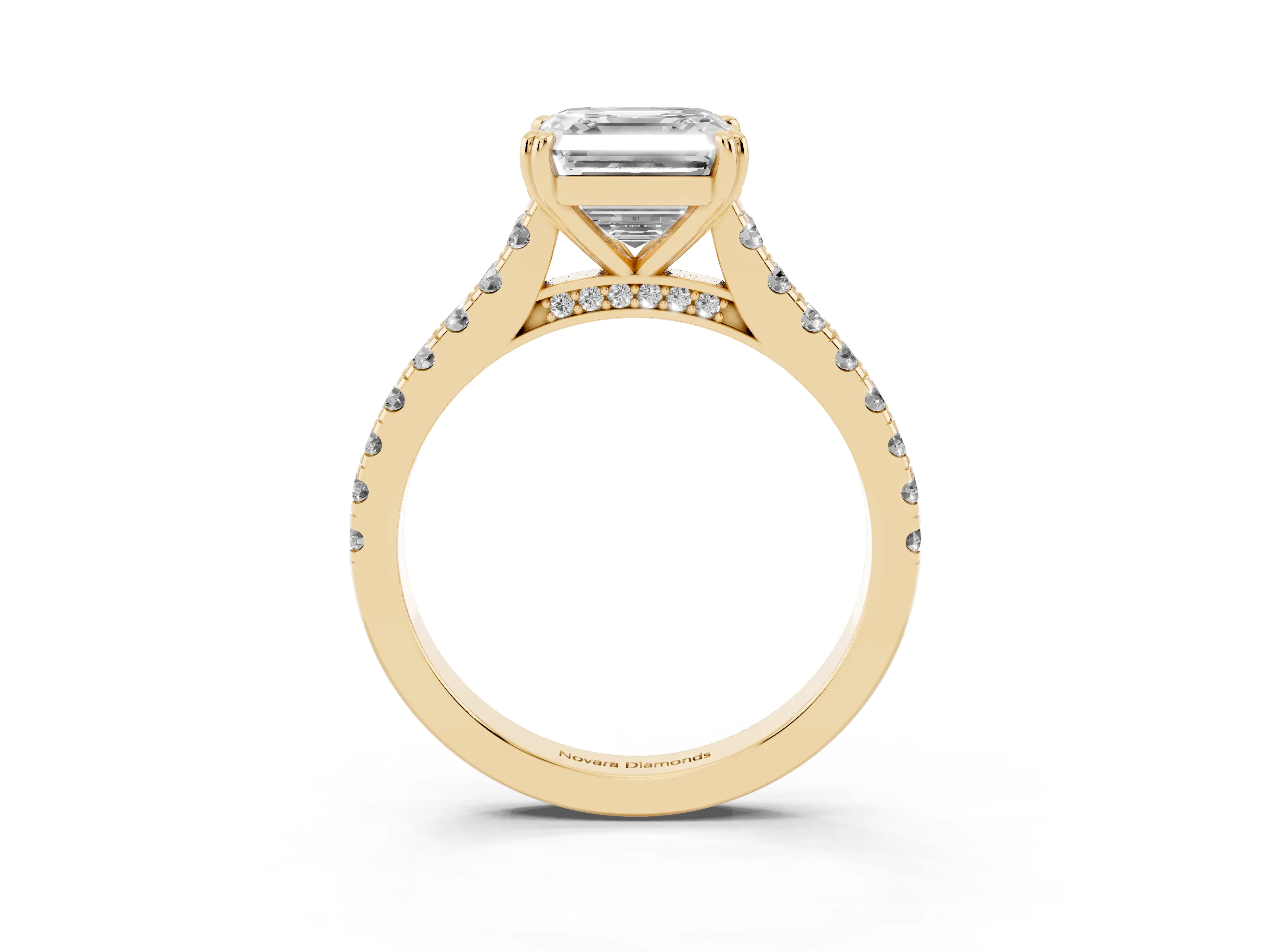 Asscher Cut Diamond Solitaire Engagement Ring Set in Yellow gold with Pavé Accents and Prong Setting