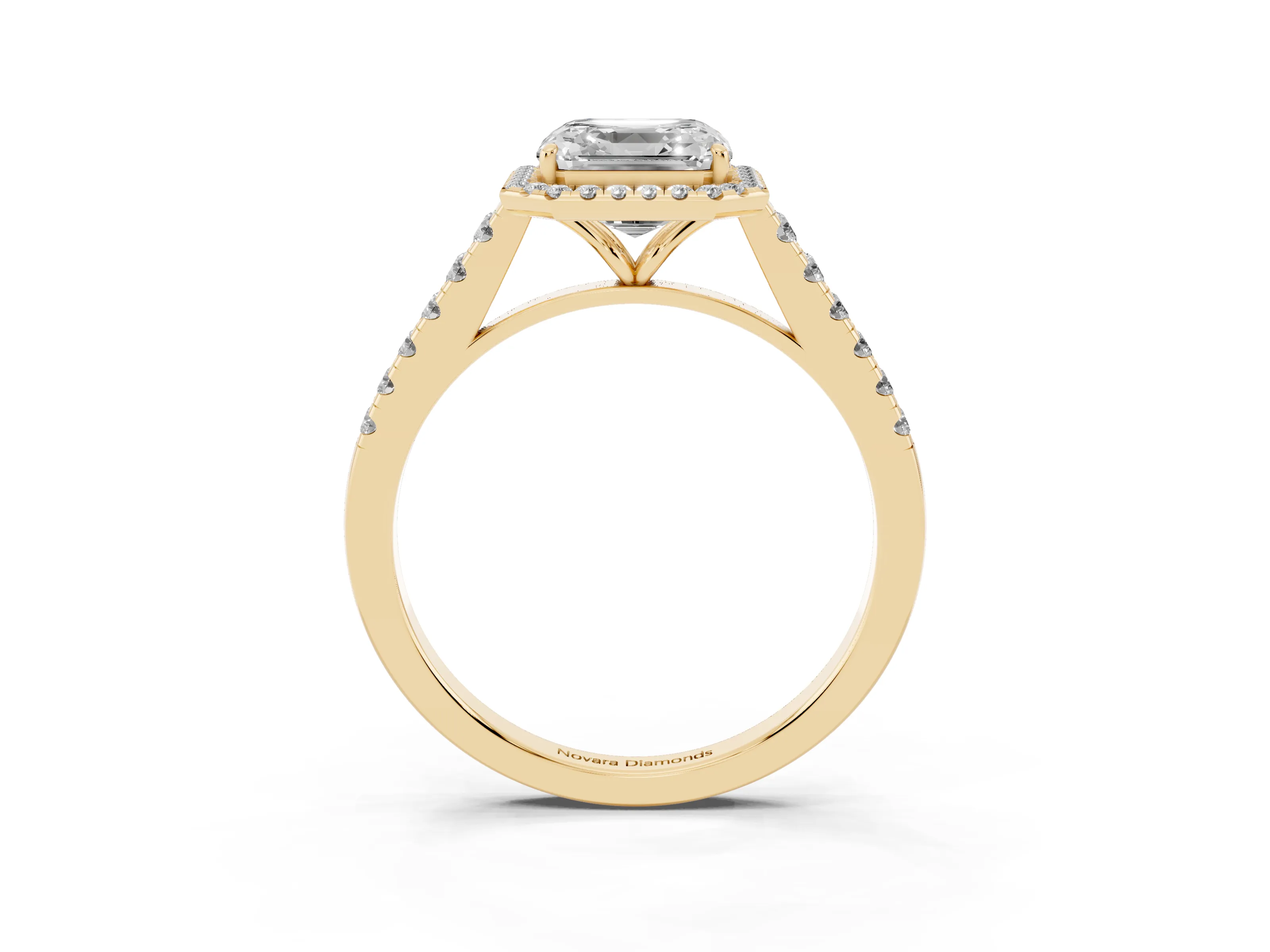 Asscher Cut Diamond Halo Pavé Engagement Ring Set in Yellow gold with Prong Setting