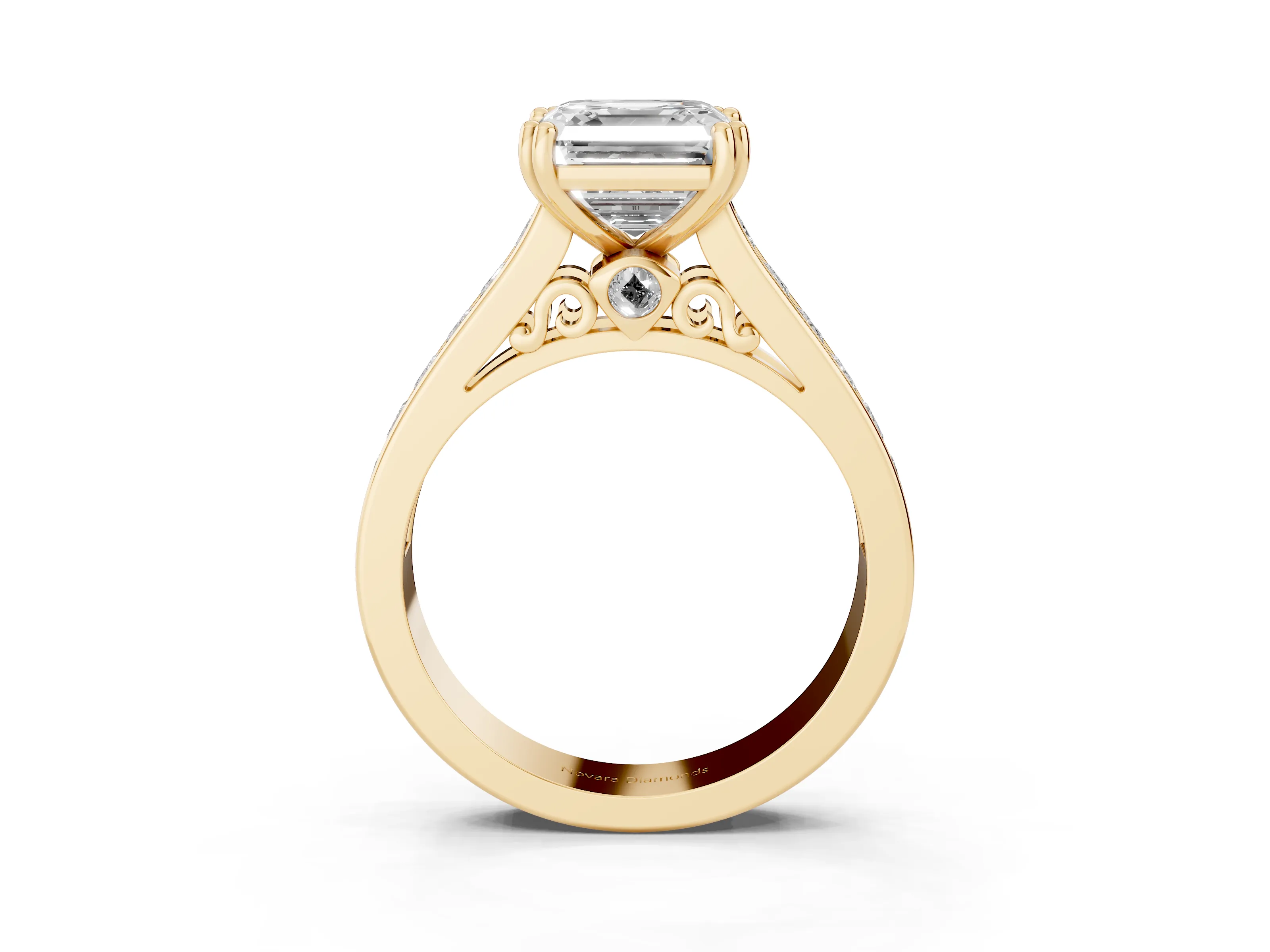 Asscher Cut Diamond Channel Set Solitaire Engagement Ring Set in Yellow gold with Prong Setting