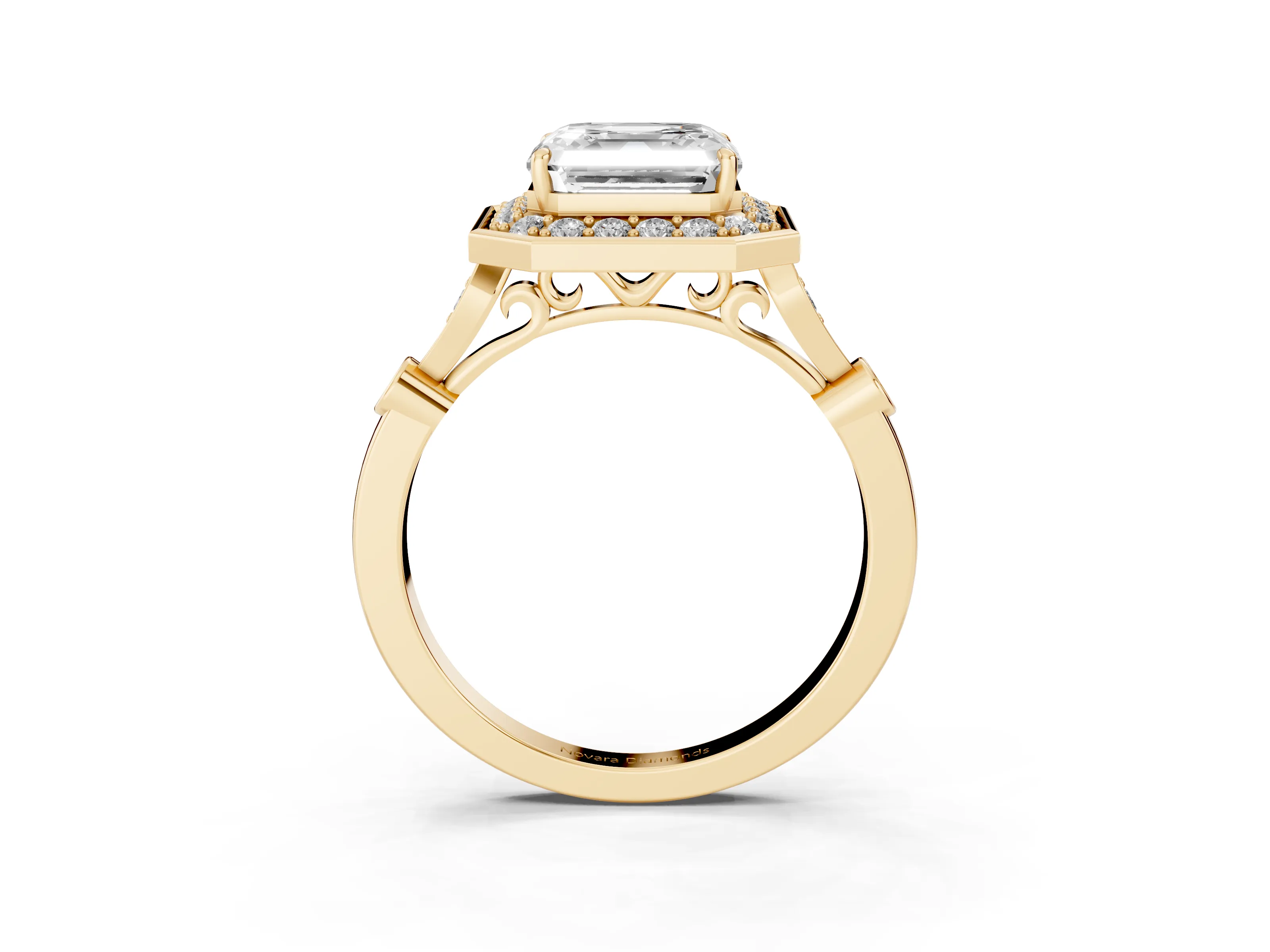 Asscher Cut Diamond Halo Engagement Ring Set in Yellow gold with Twisted Band and Prong Setting