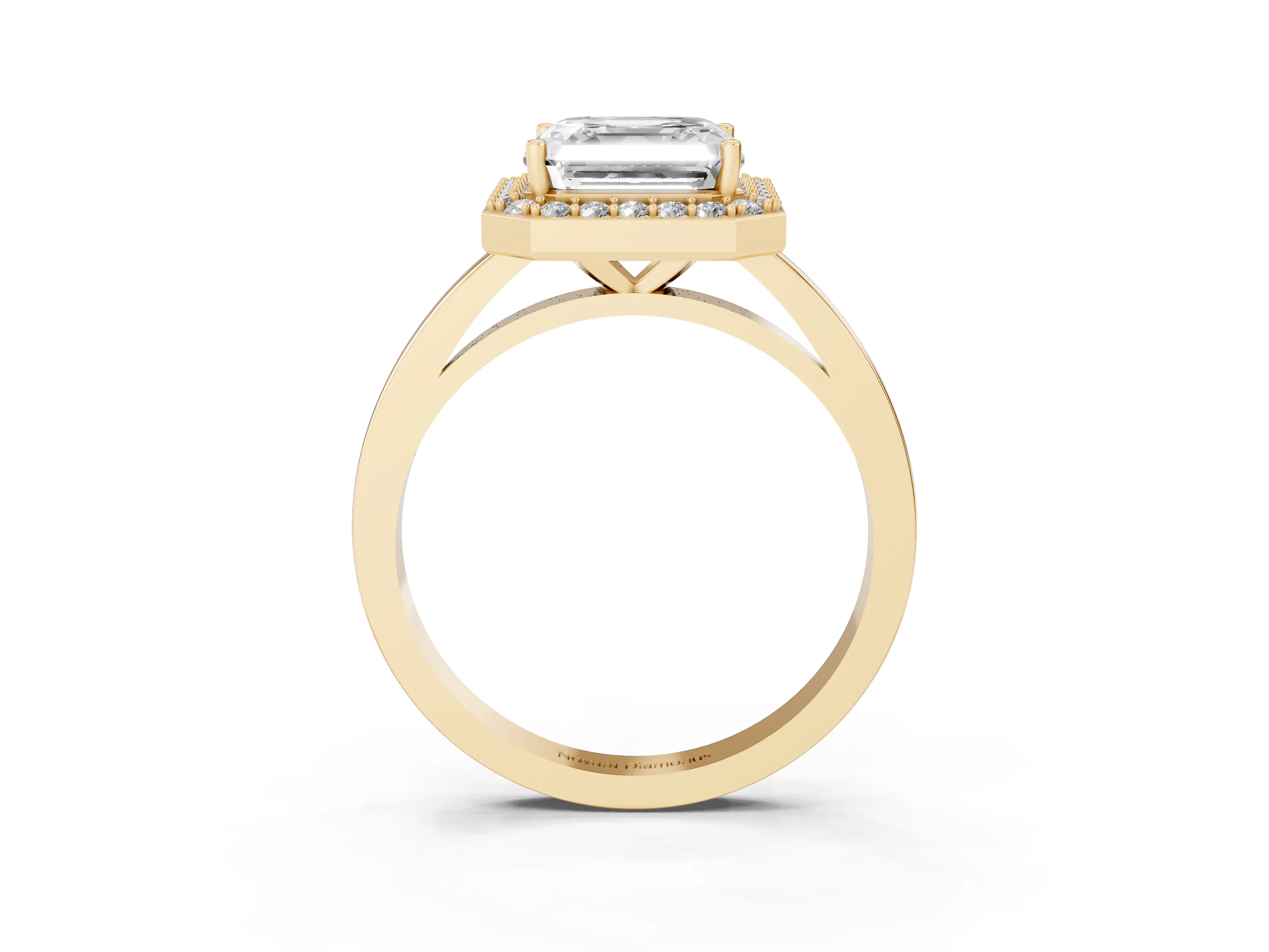 Asscher Cut Diamond Halo Ring Set in Yellow gold with Solitaire Band and Prong Setting