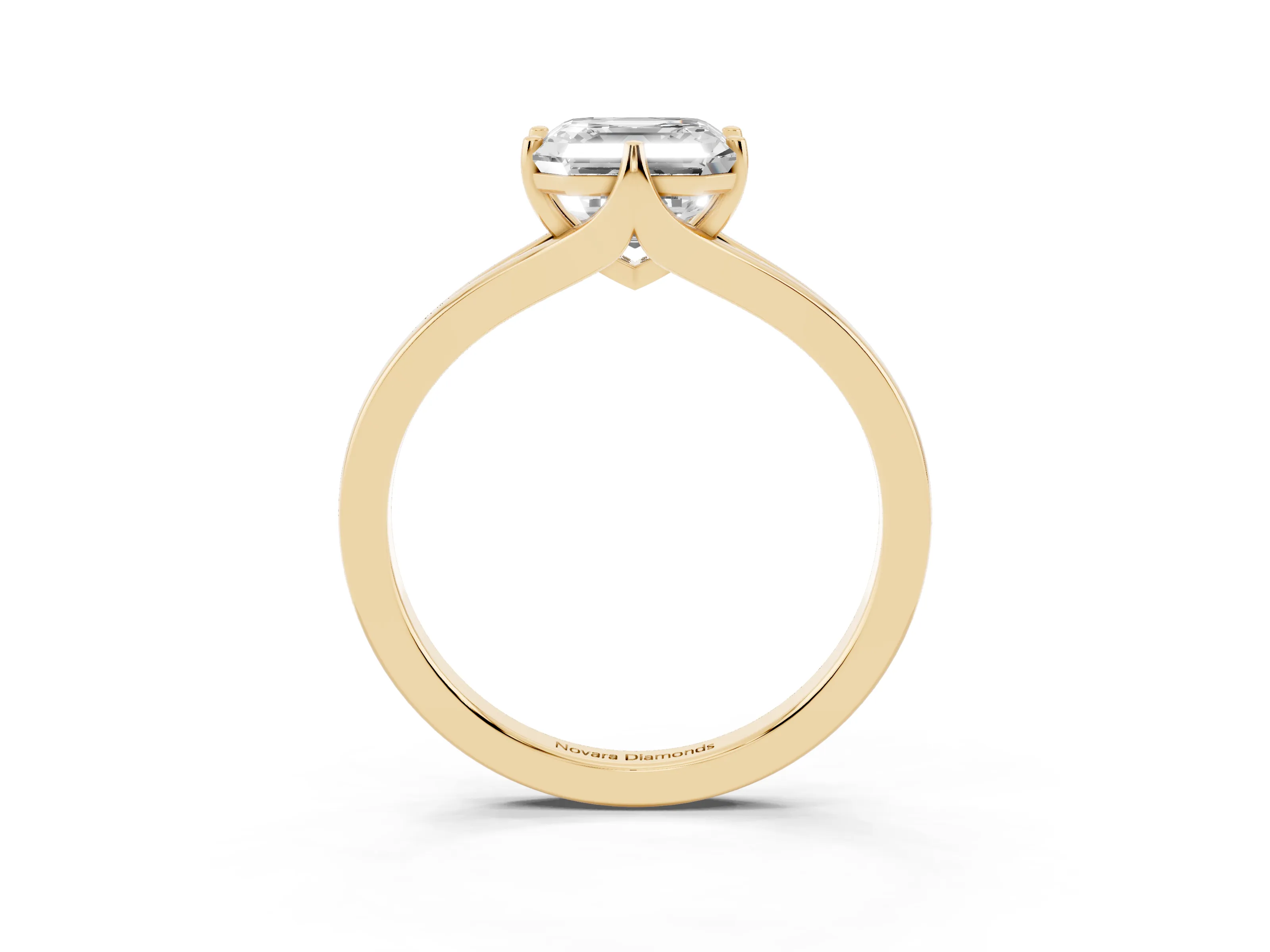 Asscher Cut Diamond Solitaire Ring Set in Yellow gold with Polished Tapered Band and Prong Setting