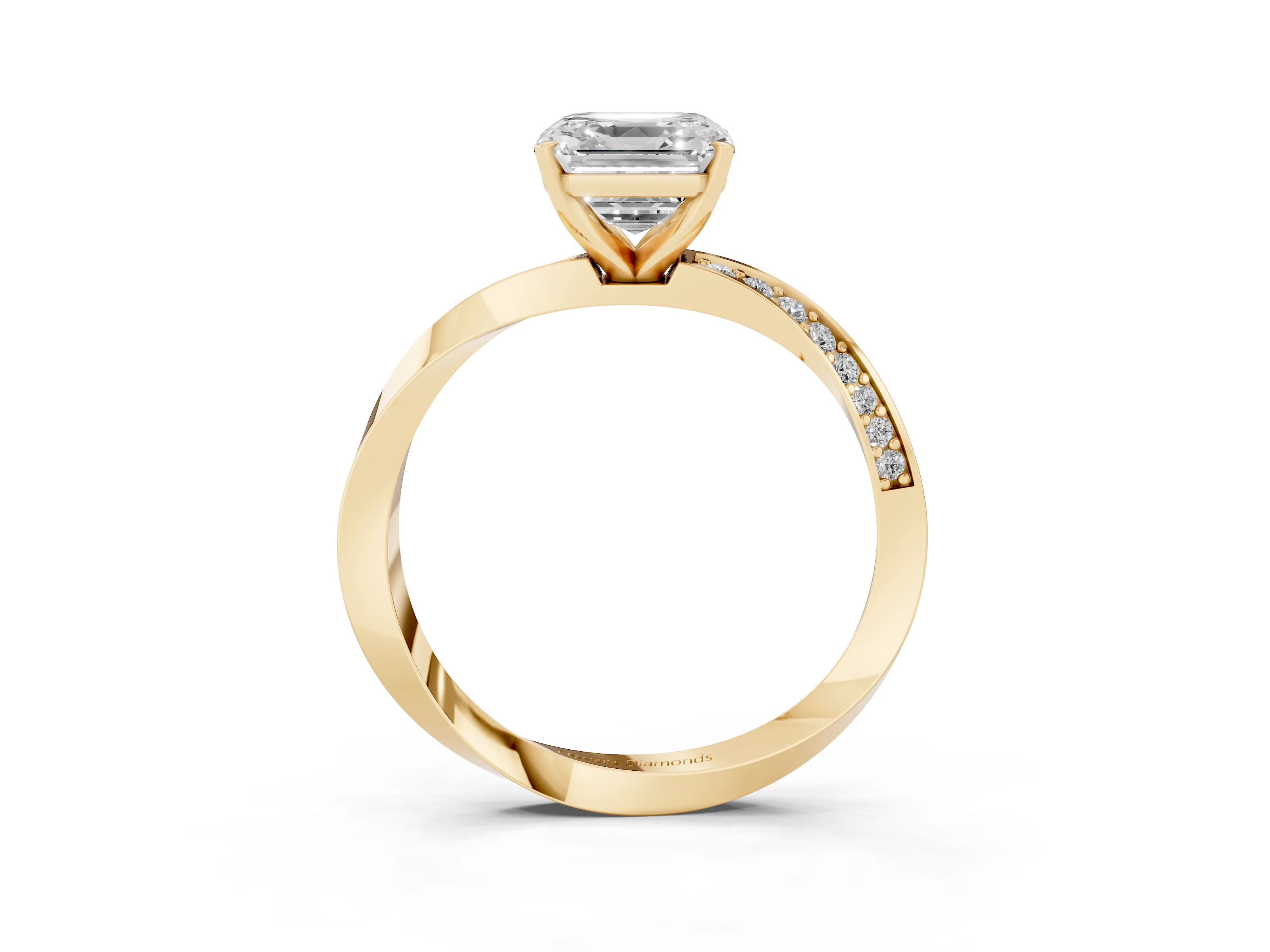Asscher Cut Diamond Engagement Ring Set in Yellow gold with Side Stone Accents and Prong Setting