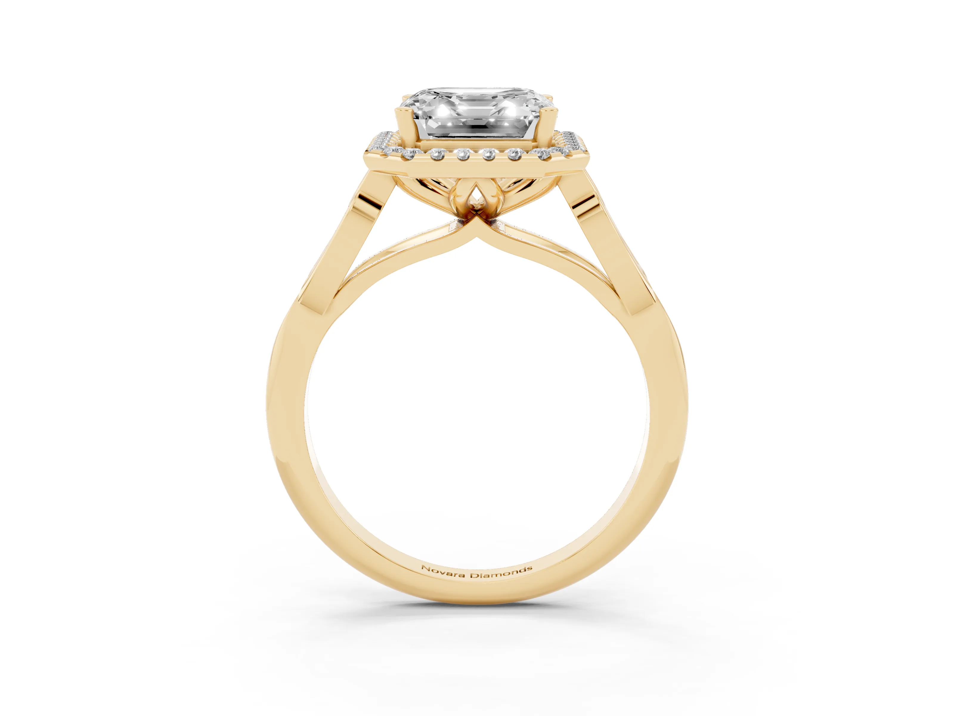 Asscher Cut Diamond Halo Engagement Ring Set in Yellow gold with Filigree Band and Prong-Set Center