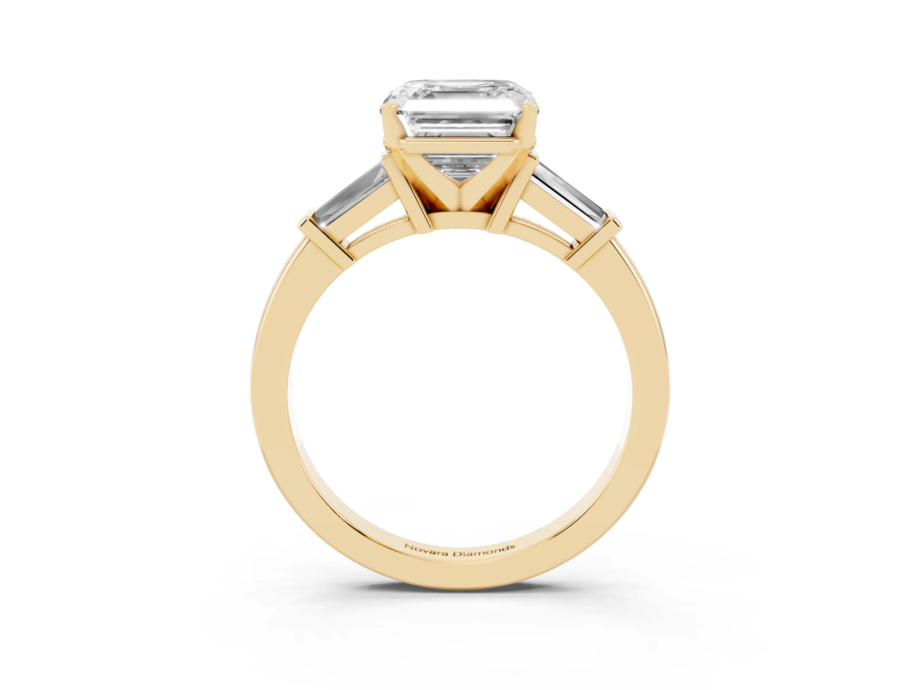 Asscher Cut Diamond Solitaire Ring Set in Yellow gold with Tapered Baguette Accents and Prong Setting