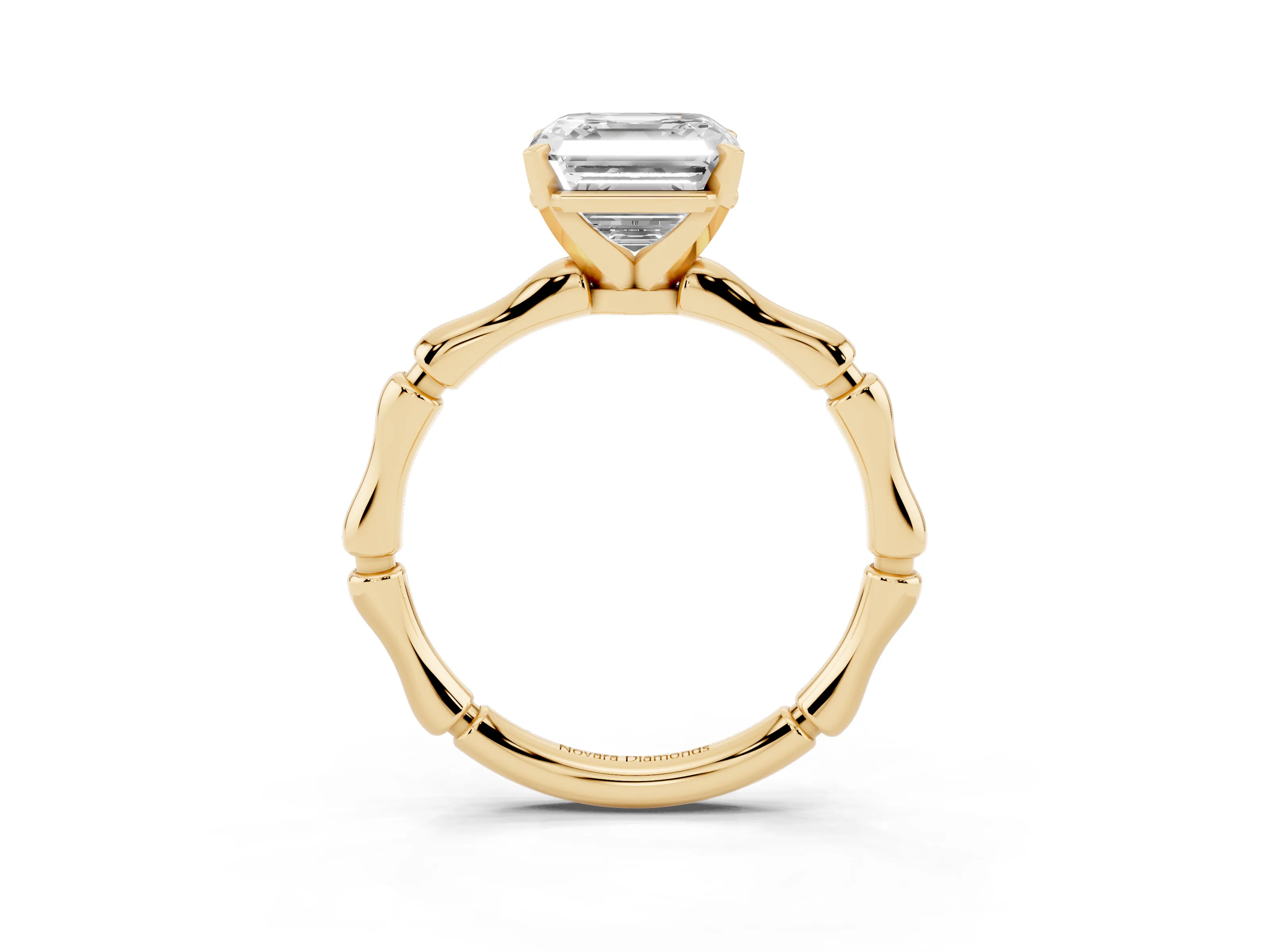 Asscher Cut Diamond Solitaire Ring Set in Yellow gold with Bamboo Band and Prong Setting