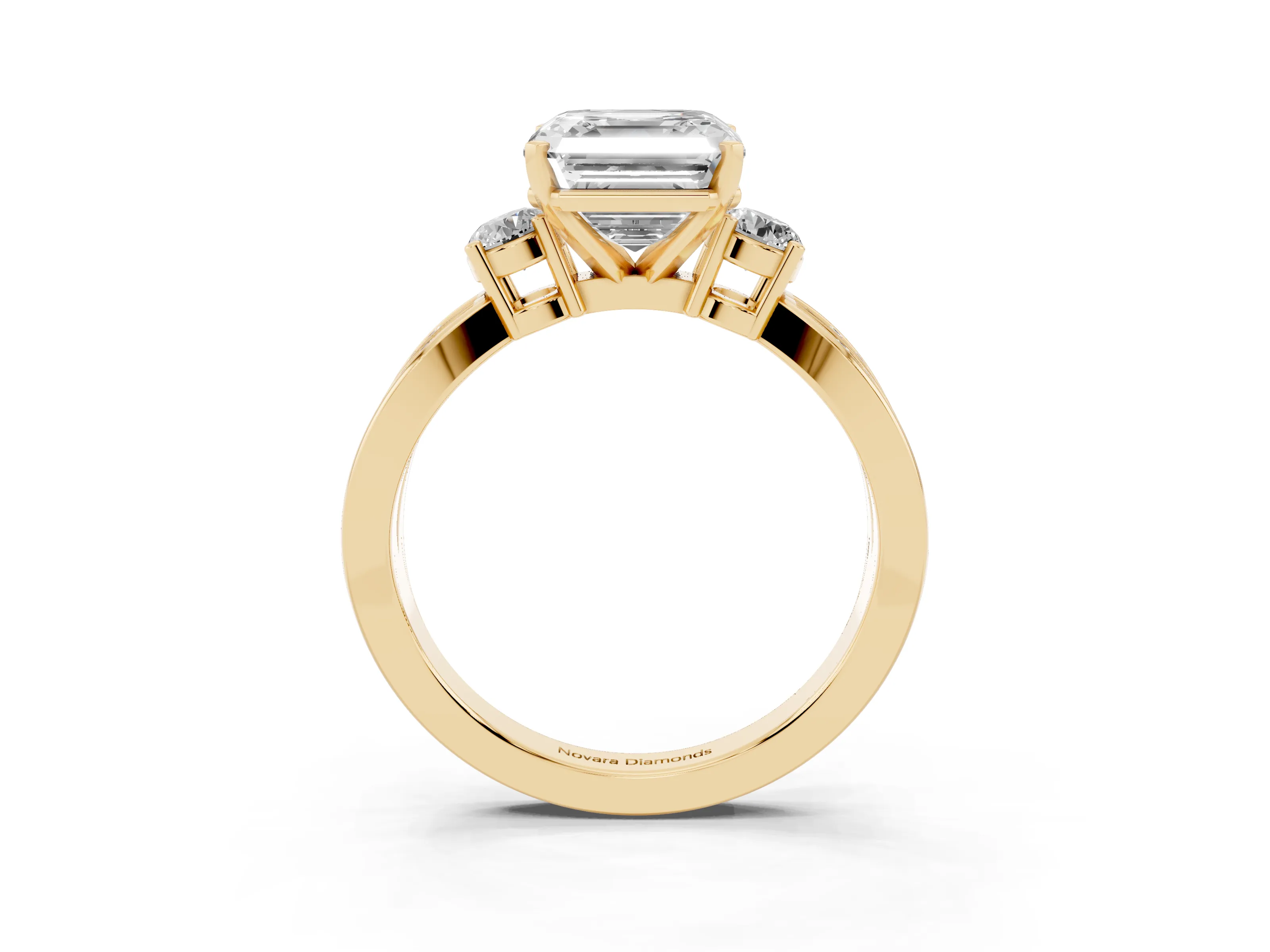 Three-Stone Asscher Cut Diamond Twist Band Ring Set in Yellow gold with Pavé Accents and Prong Setting