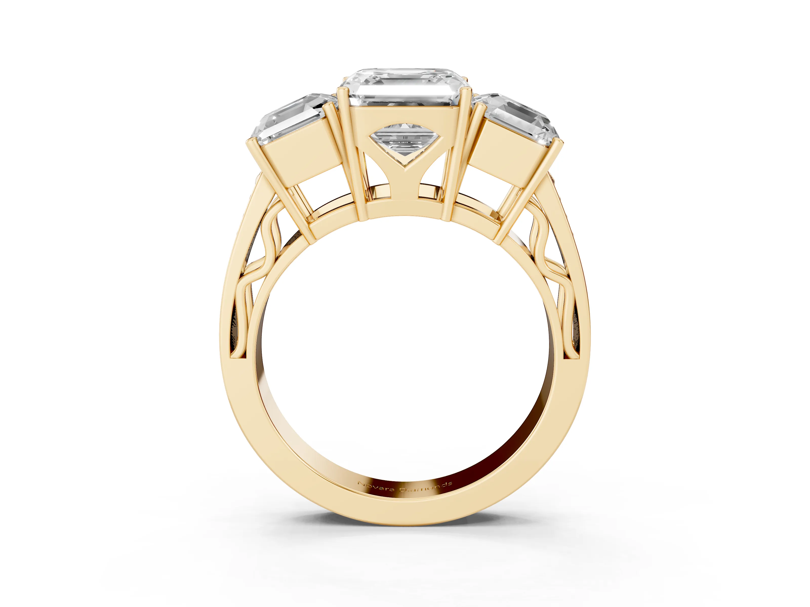 Asscher Cut Diamond Three-Stone Ring Set in Yellow gold with Textured Band