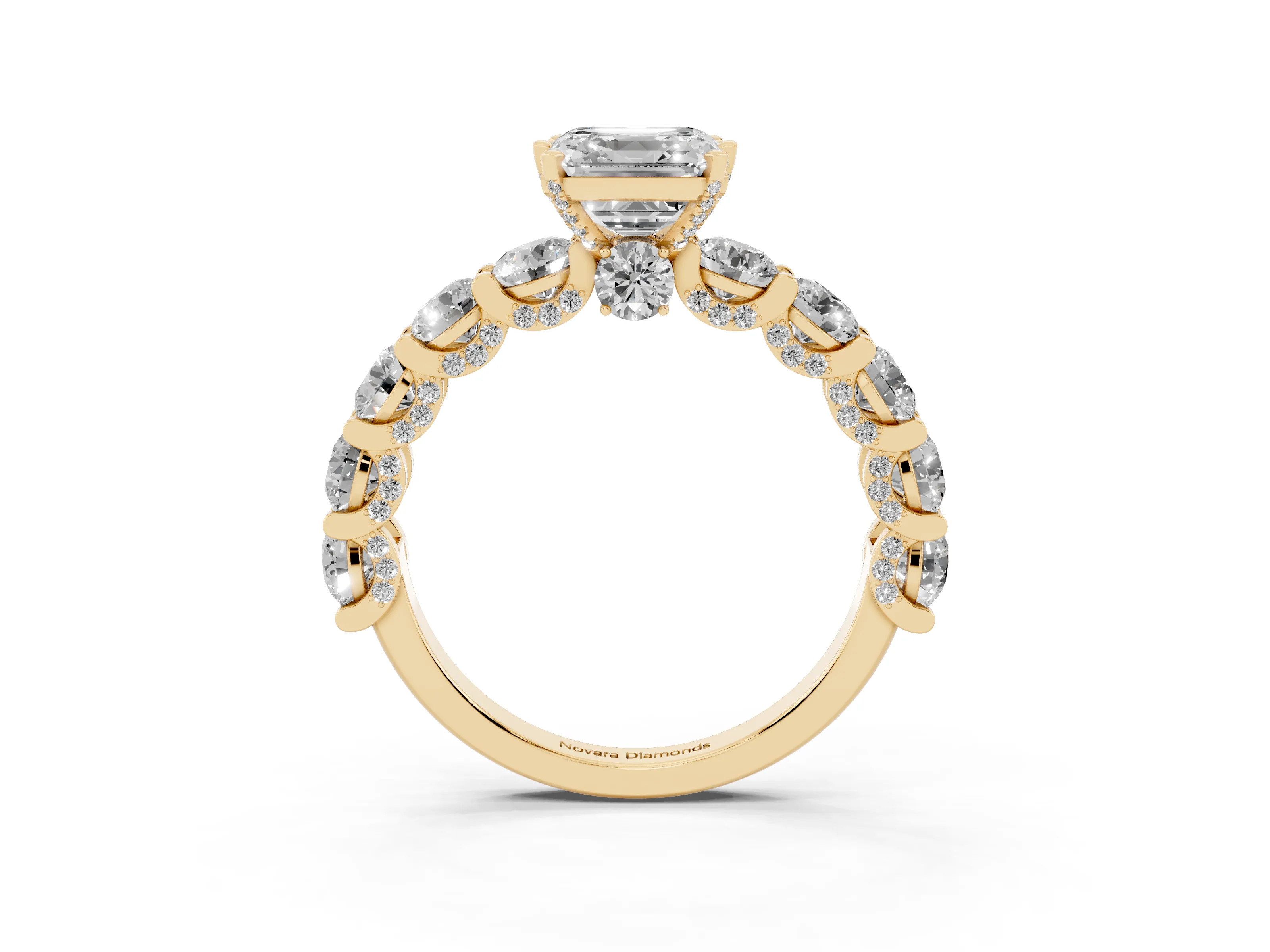 Asscher Cut Diamond Side Stone Ring Set in Yellow gold with Alternating Round and Oval Side Stones