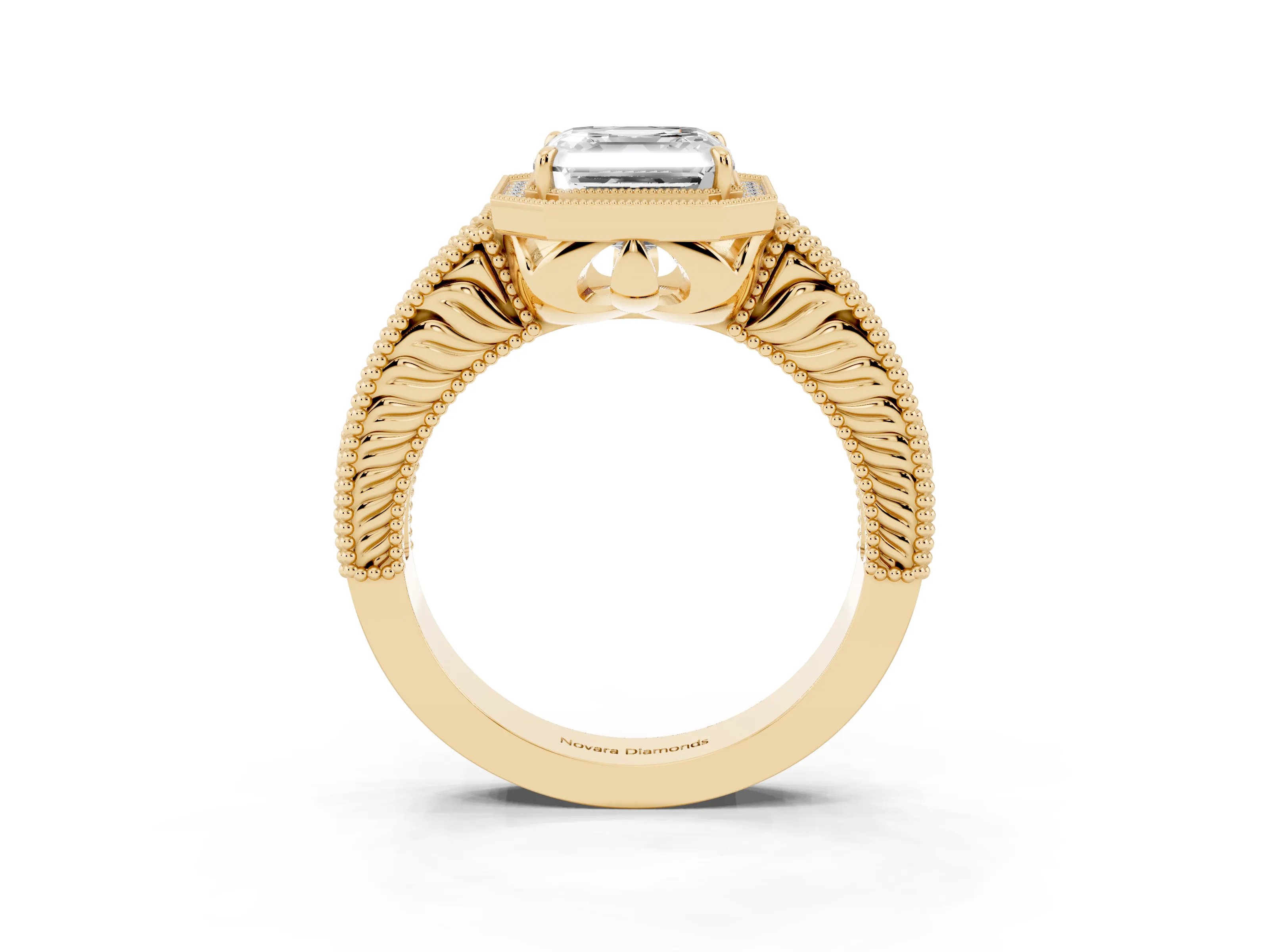Asscher Cut Diamond Halo Ring Set in Yellow gold with Round Accent Halo, Pavé Band and Prong Setting