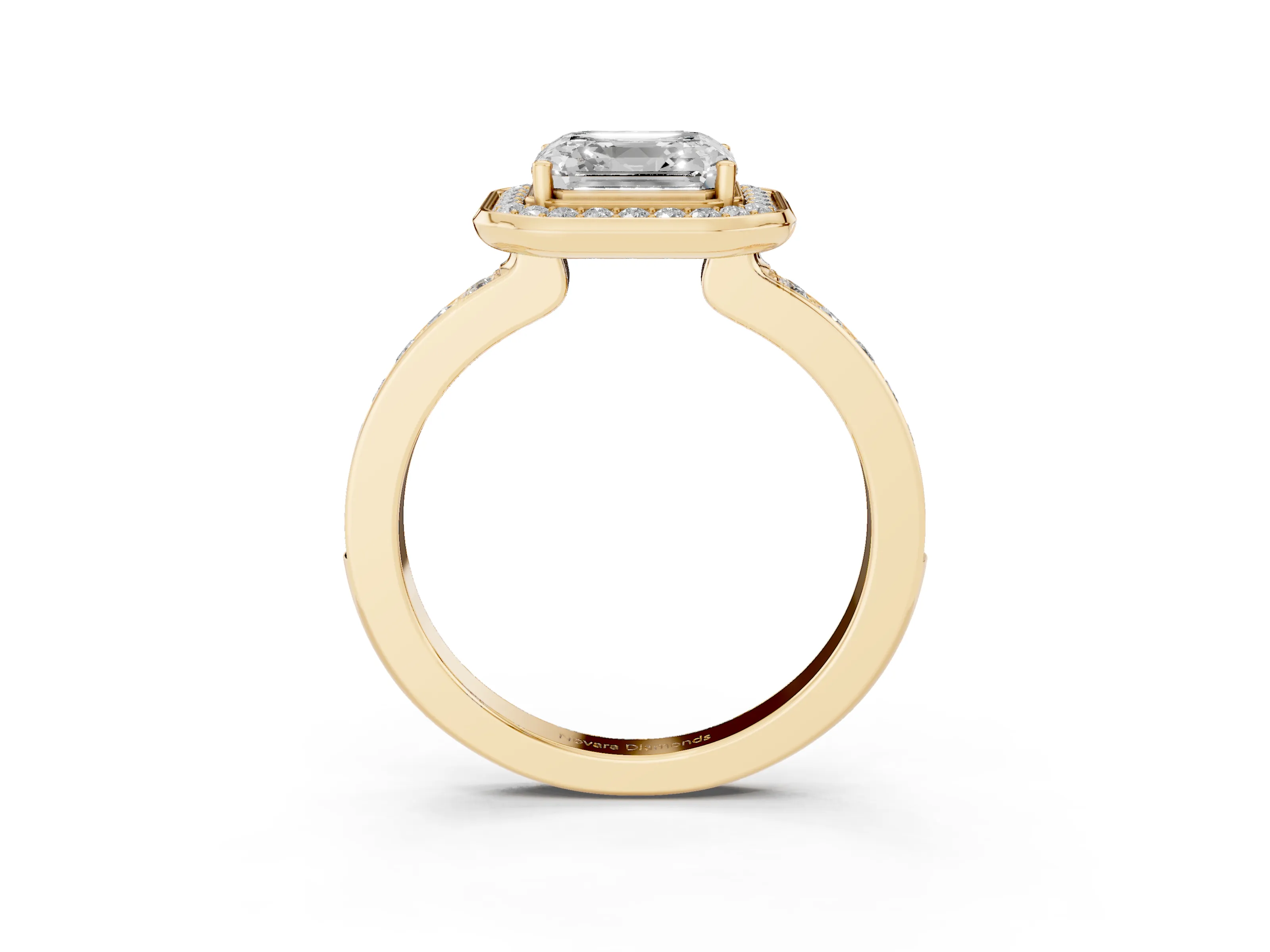 Asscher Cut Diamond Halo Ring Set in Yellow gold with Bezel Frame and Pavé Band