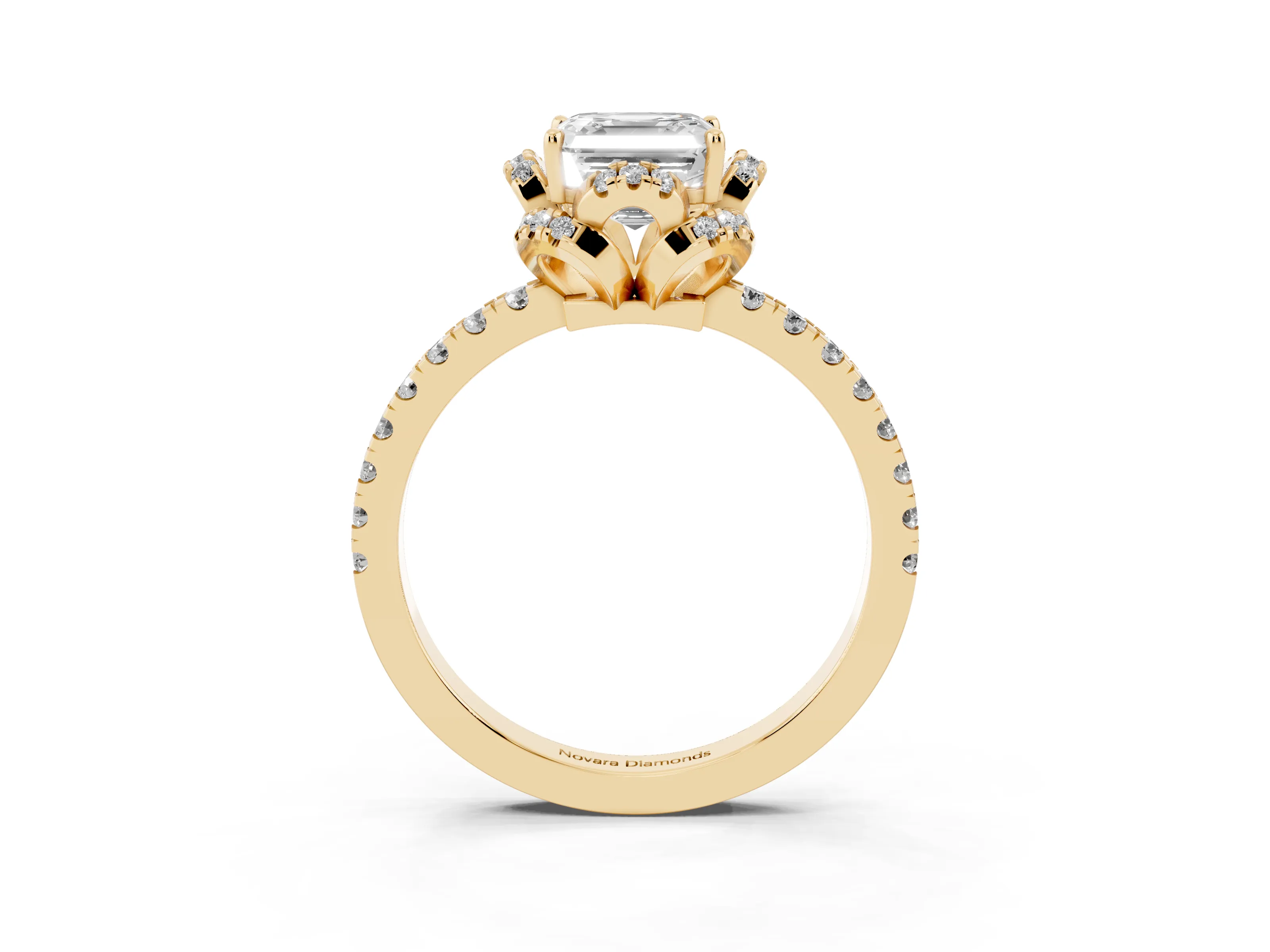Asscher Cut Diamond Halo Pavé Ring Set in Yellow gold with Prong-Held Center Stone