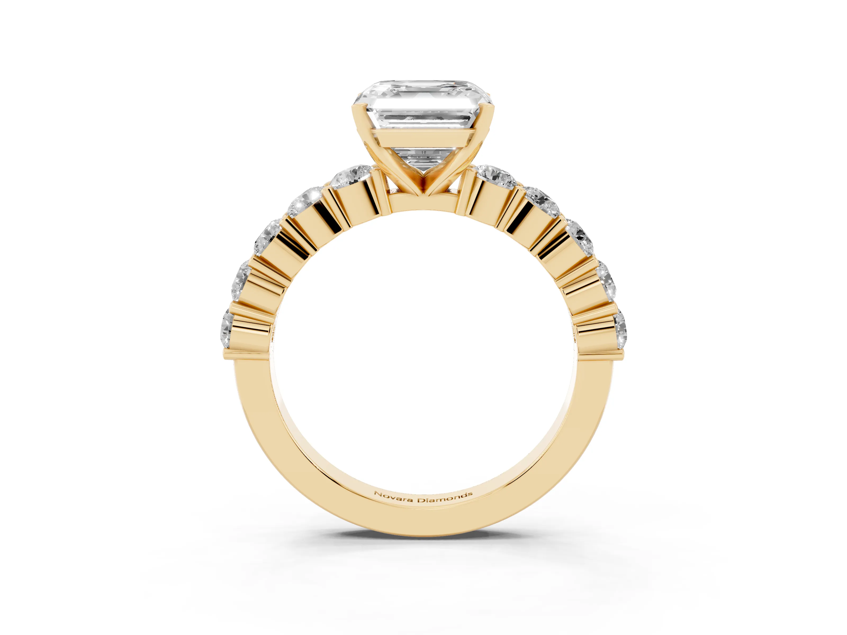 Asscher Cut Diamond Solitaire Ring Set in Yellow gold with Shared Prong Round Side Stones