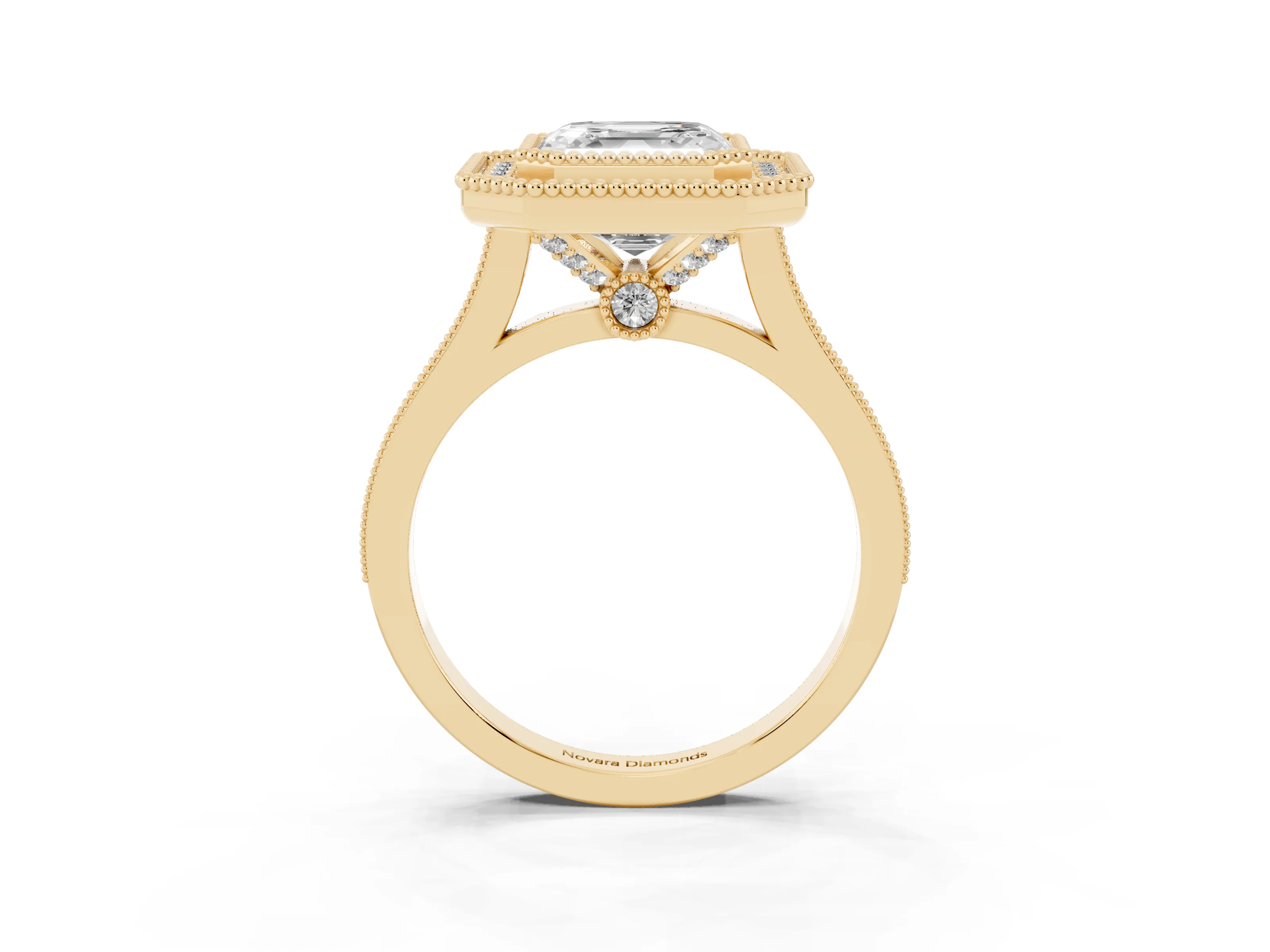 Asscher Cut Diamond Halo Ring Set in Yellow gold with Milgrain Frame and Pavé Band