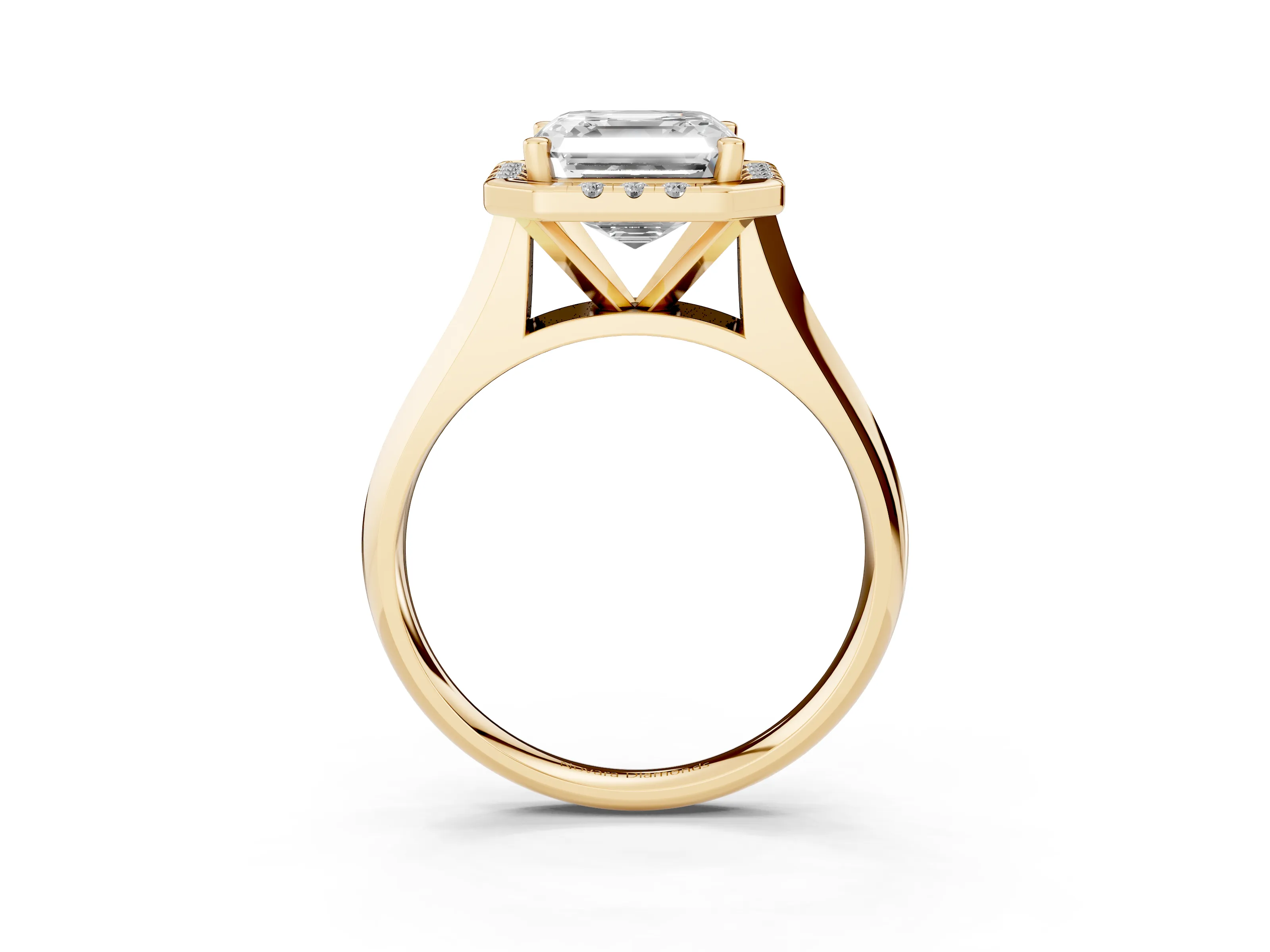 Asscher Cut Diamond Halo Solitaire Engagement Ring Set in Yellow gold with Square Band and Prong Setting