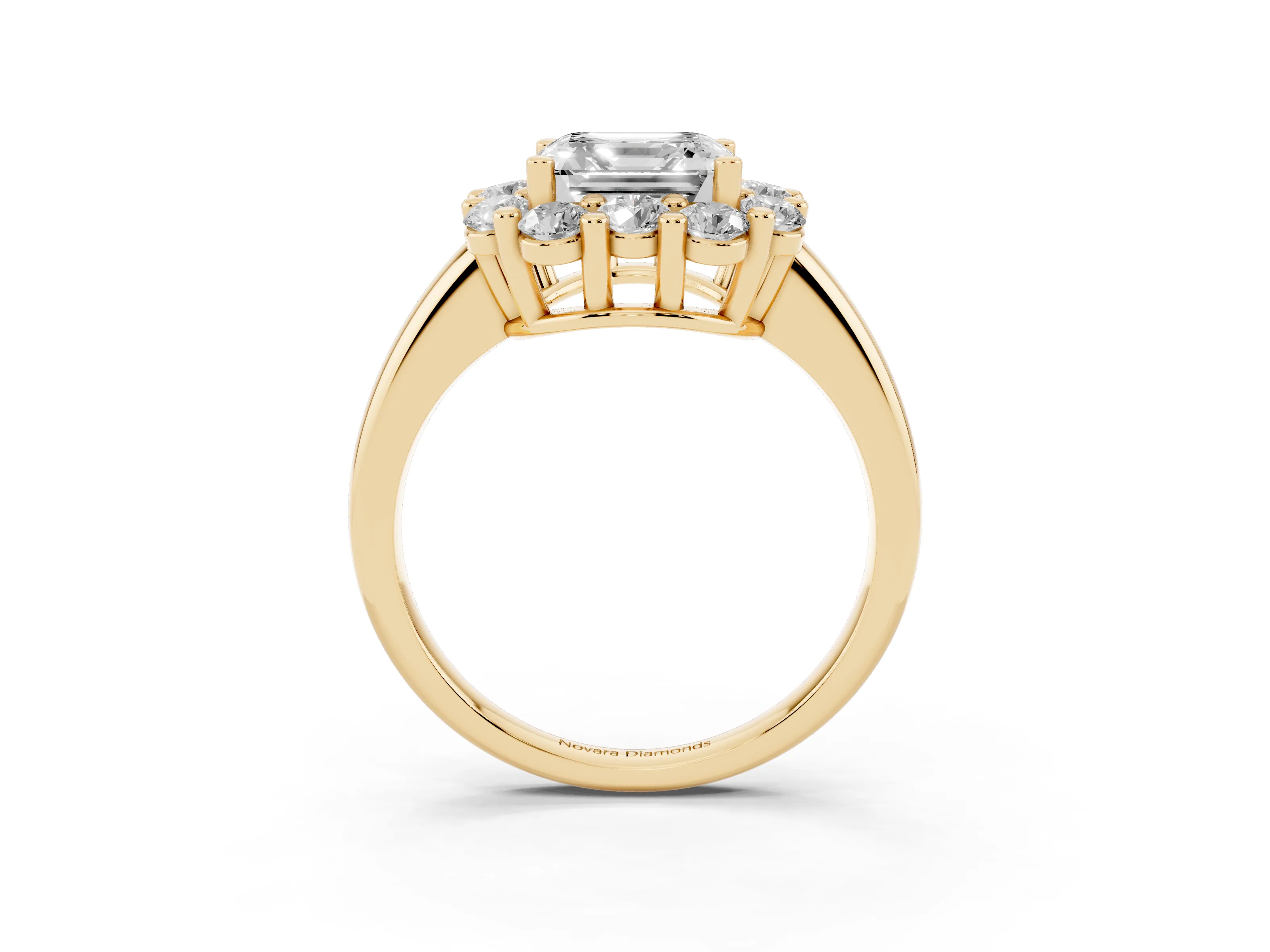 Asscher Cut Diamond Halo Cluster Engagement Ring Set in Yellow gold with Polished Band and Prong Setting