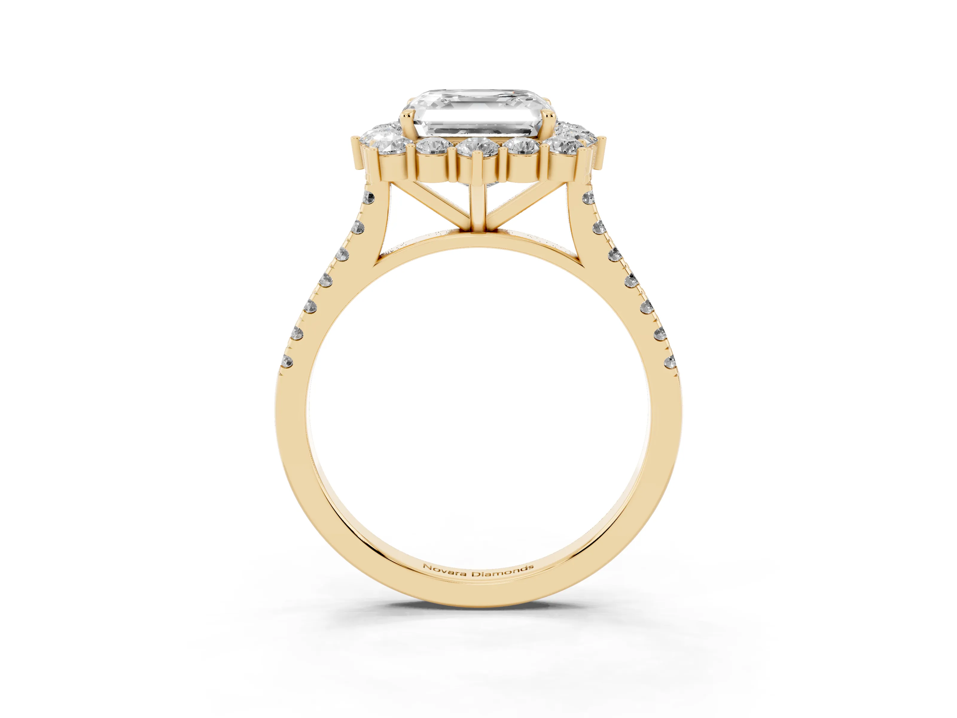 Asscher Cut Diamond Halo Ring Set in Yellow gold with Pavé Band and Prong Setting