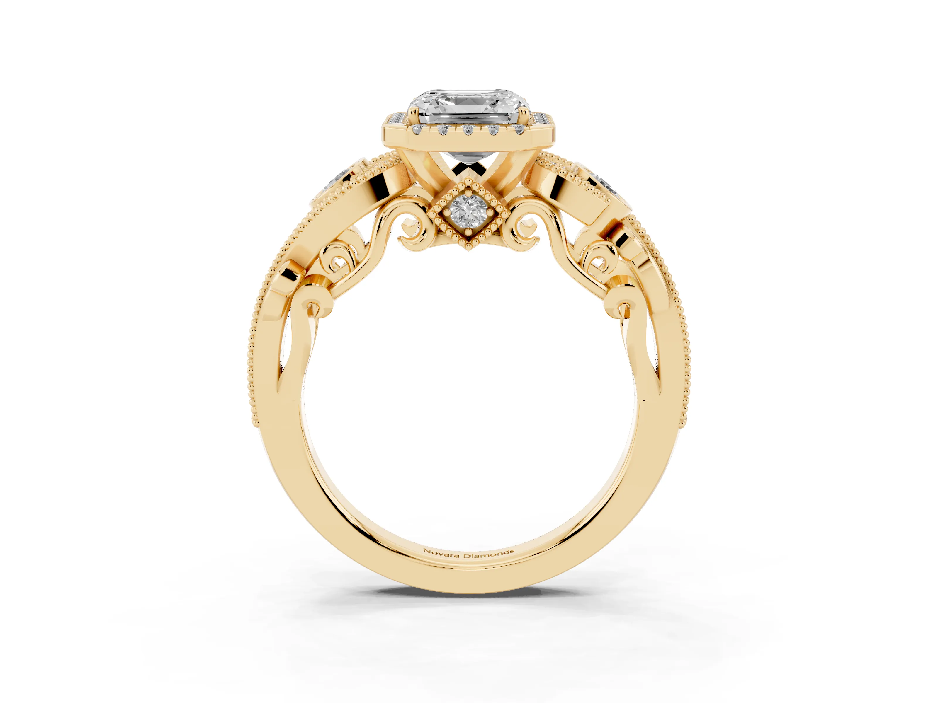 Asscher Cut Diamond Halo Ring Set in Yellow gold with Milgrain Pavé Band and Prong Setting