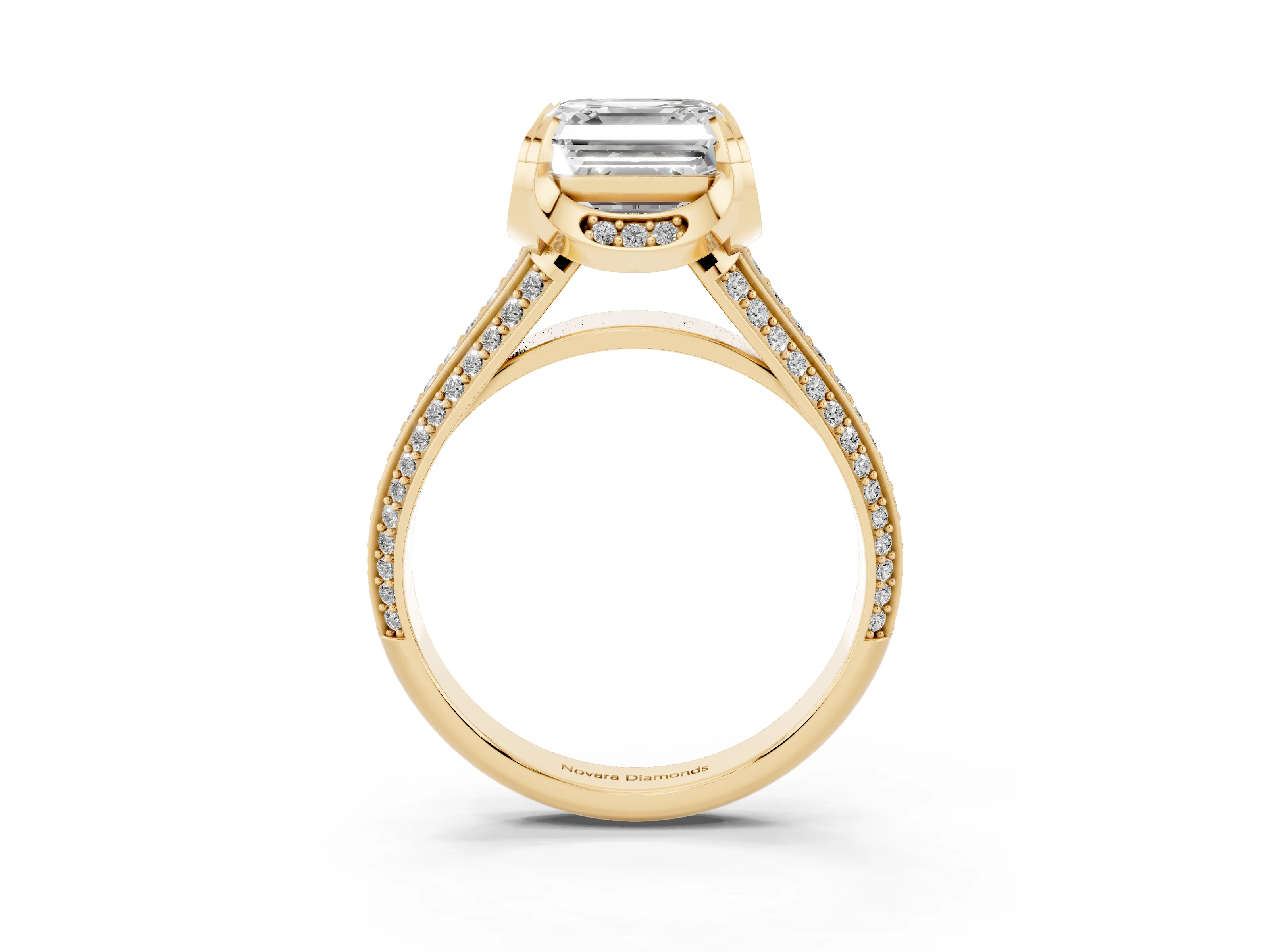 Asscher Cut Diamond Pavé Split Shank Solitaire Ring Set in Yellow gold with Prong Setting