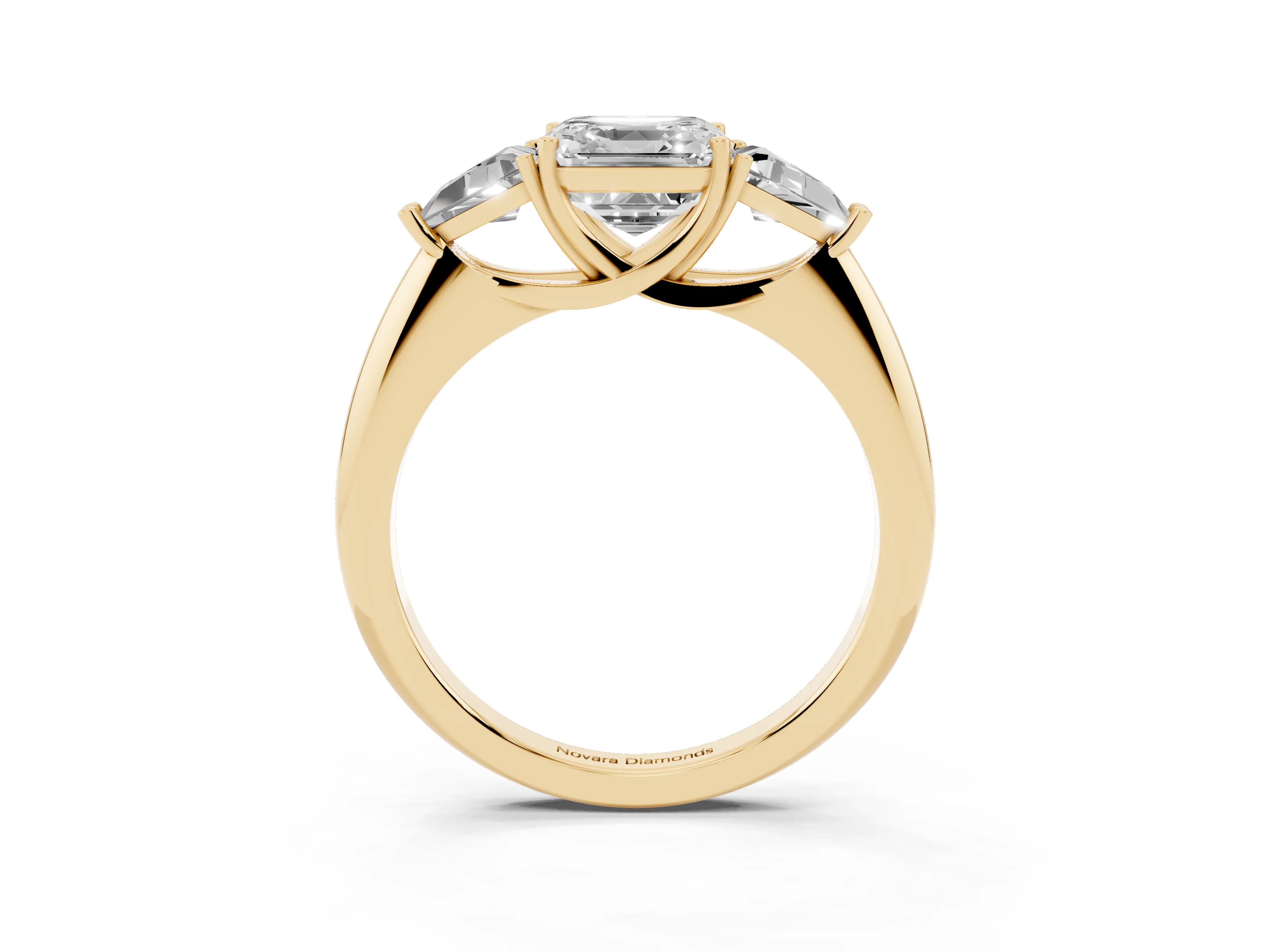 Asscher Cut Diamond Three-Stone Engagement Ring Set in Yellow gold with Trillion Side Stones