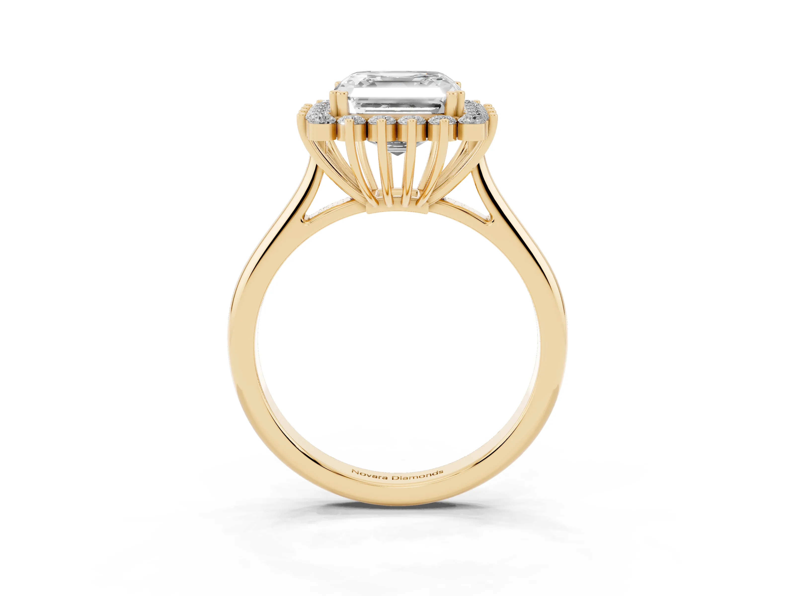Asscher Cut Diamond Halo Ring Set in Yellow gold with Plain Solitaire Band and Prong Setting