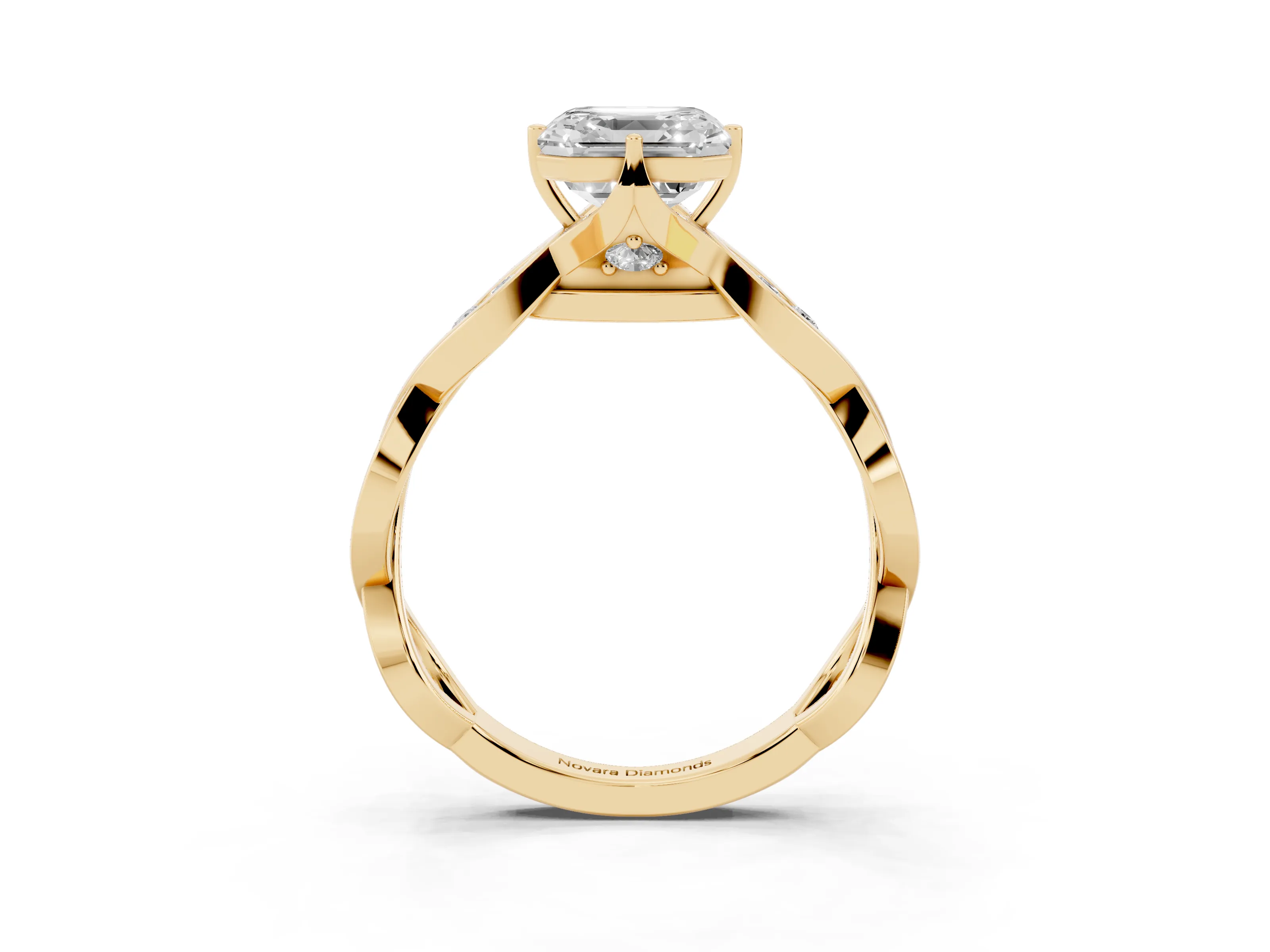 Asscher Cut Diamond Twist Band Solitaire Ring Set in Yellow gold with Leaf Prong Setting and Accent Stones