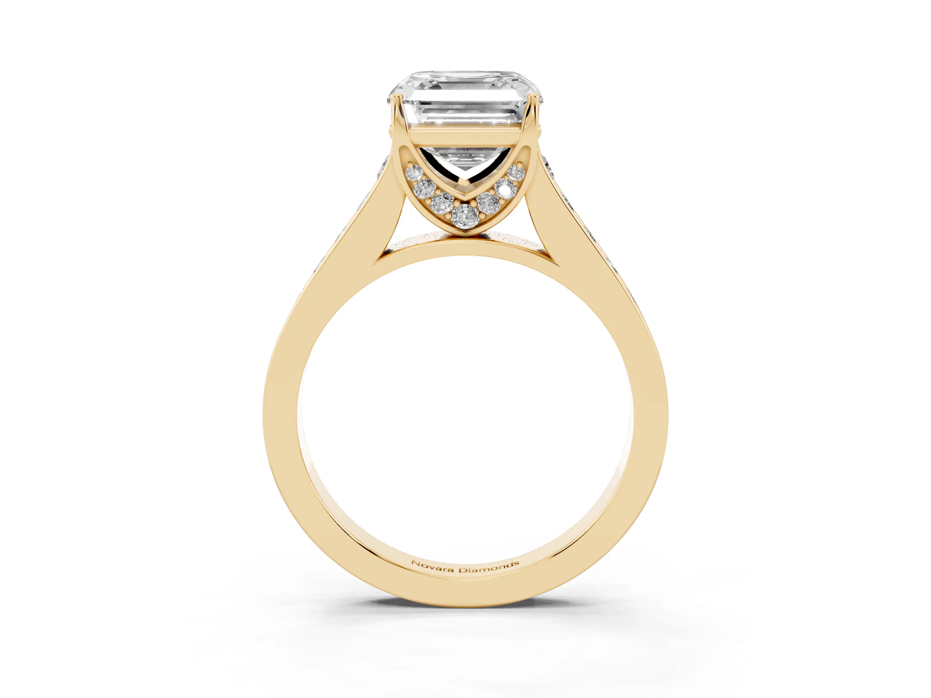 Asscher Cut Diamond Solitaire Pavé Engagement Ring Set in Yellow gold with Prong Setting