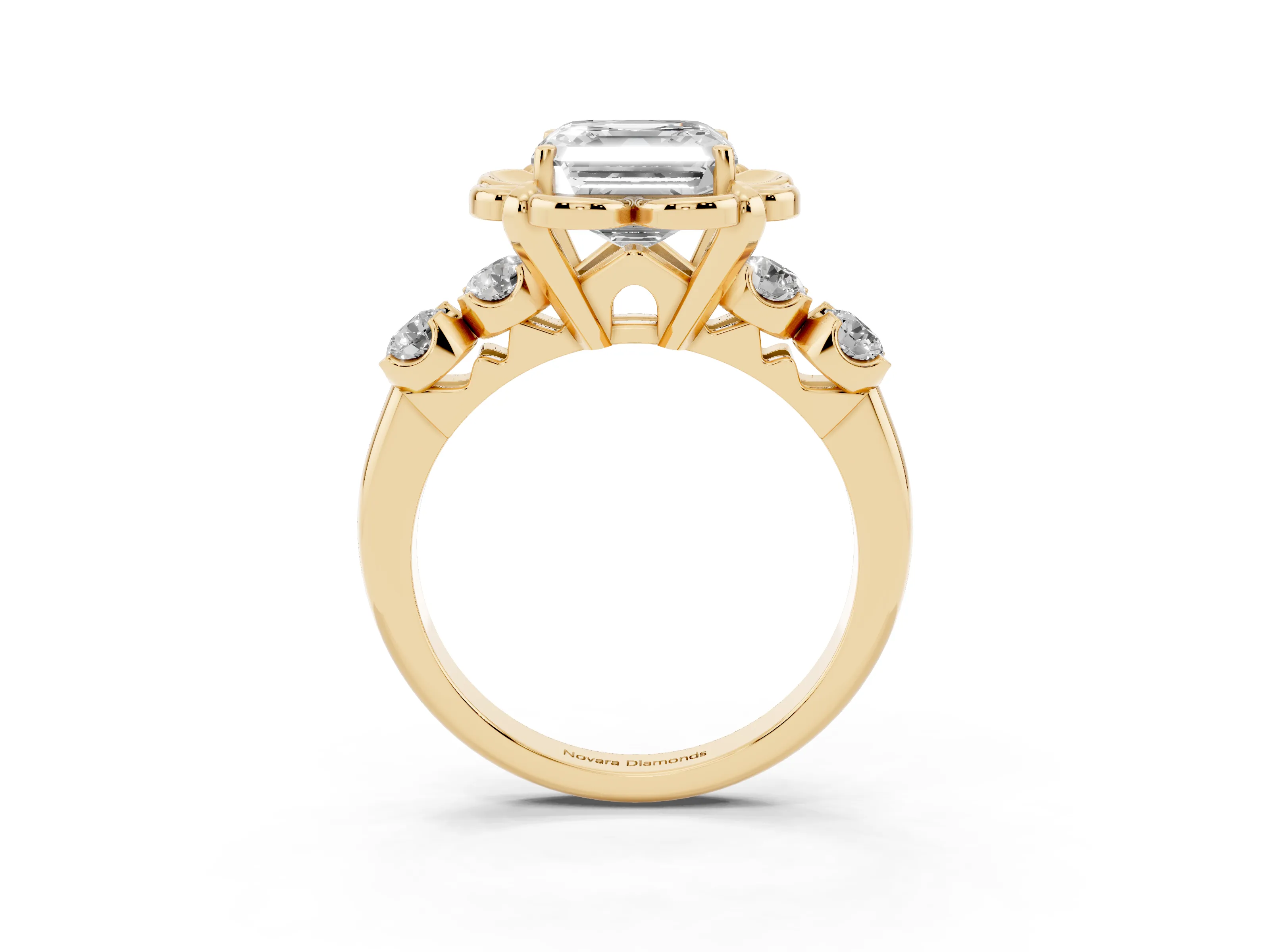 Asscher Cut Diamond Floral Halo Ring Set in Yellow gold with Shared Prong Band