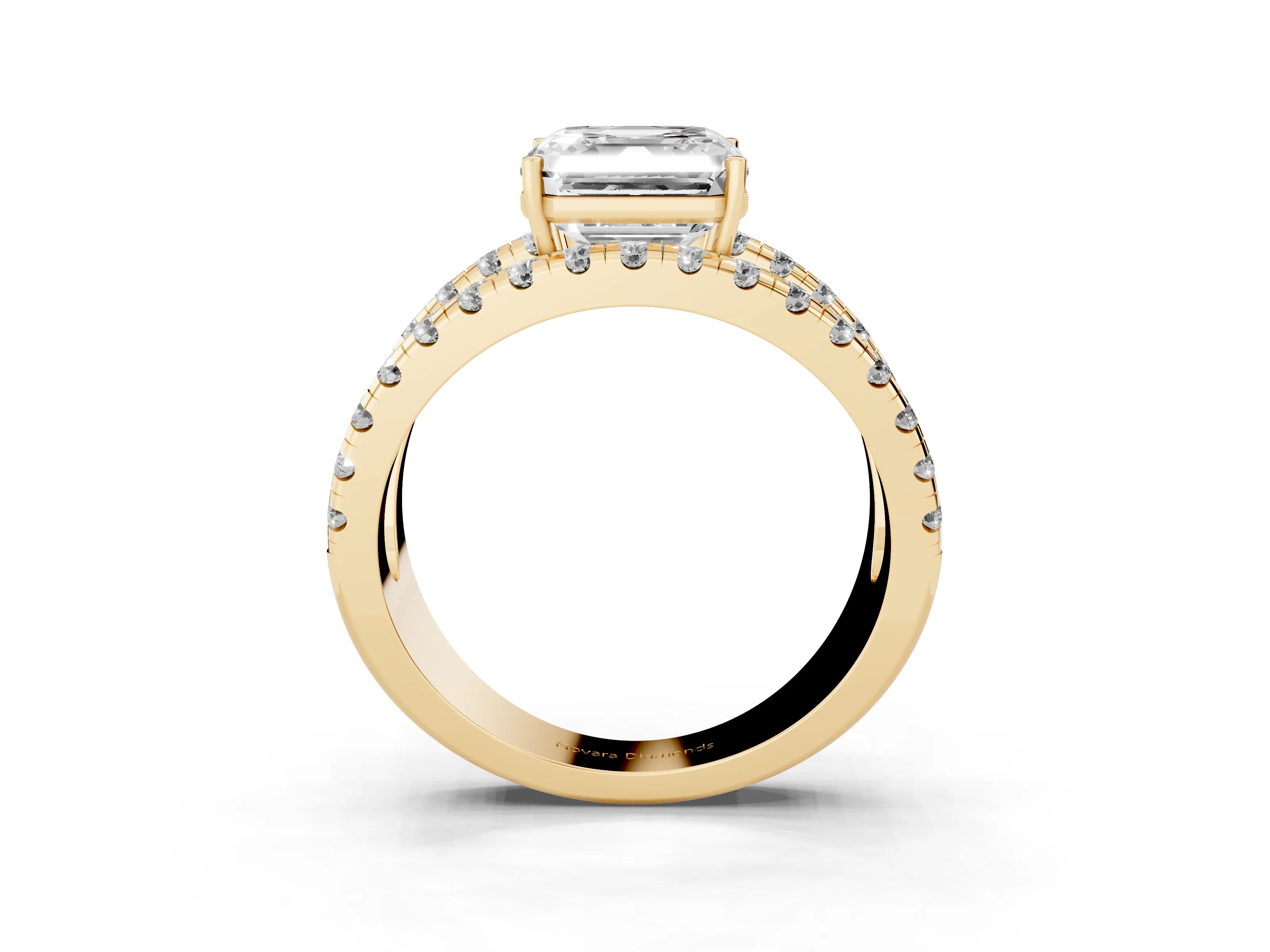 Asscher Cut Diamond Split Shank Pavé Solitaire Ring Set in Yellow gold with Open Shank Design
