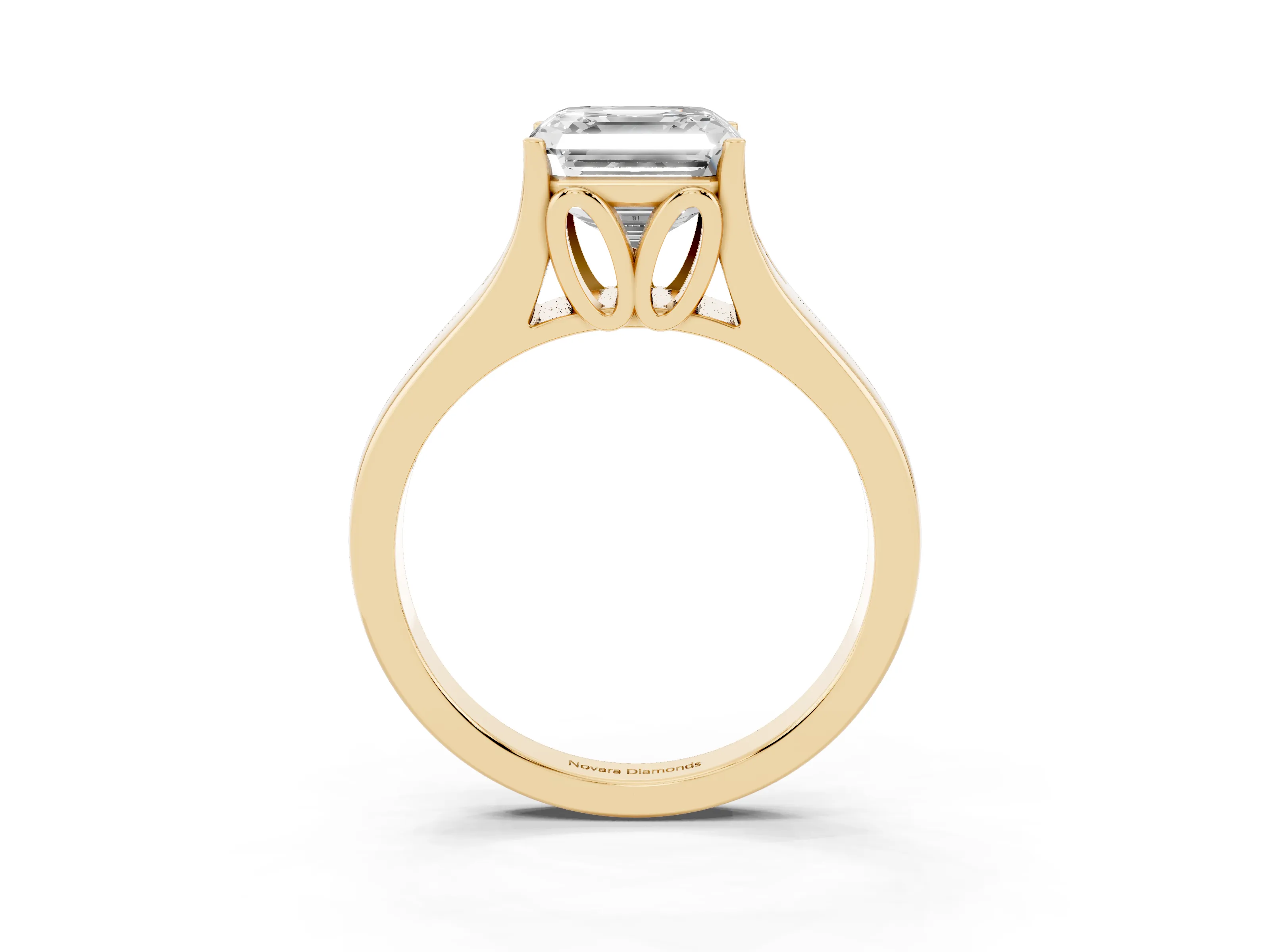 Asscher Cut Diamond Solitaire Ring Set in Yellow gold with Arched Cathedral Band and Prong Setting