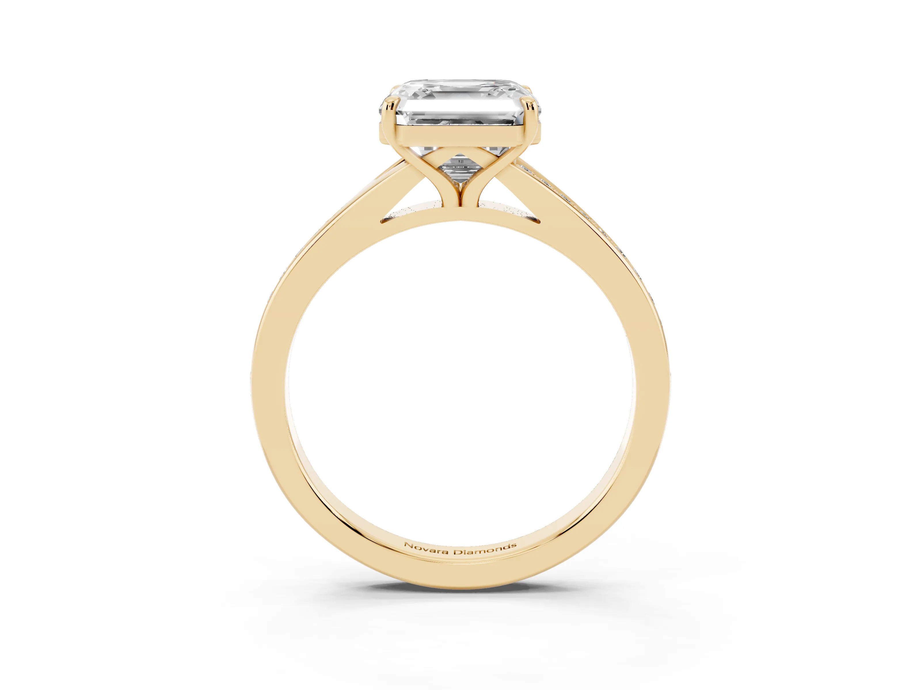 Asscher Cut Diamond Solitaire Ring Set in Yellow gold with Pavé Accent Band and Classic Prong Setting