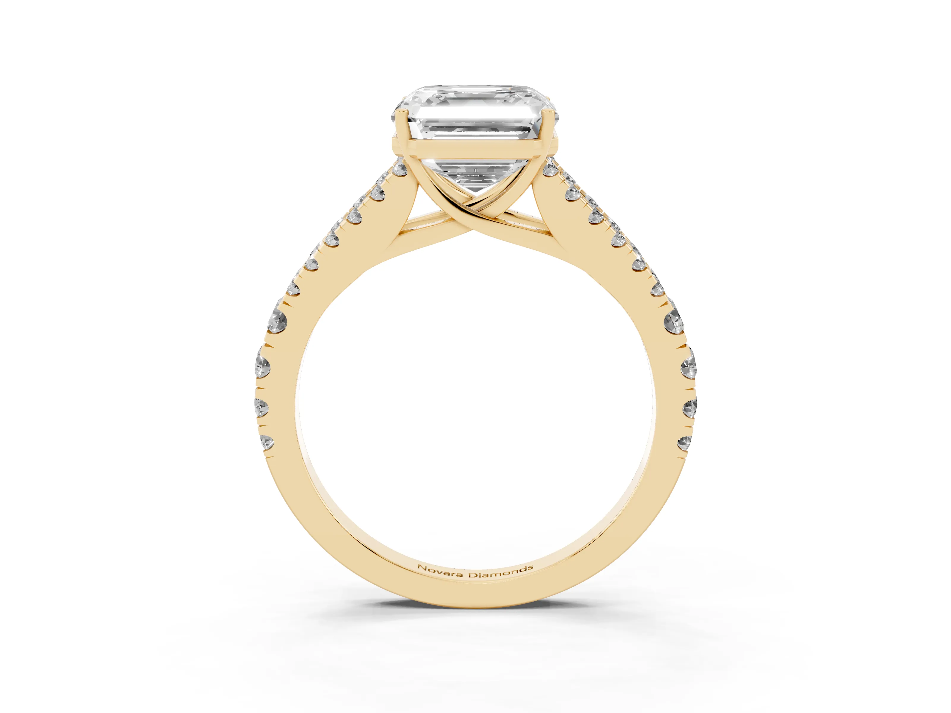 Asscher Cut Diamond Split Shank Pavé Engagement Ring Set in Yellow gold with Prong-Held Center Stone