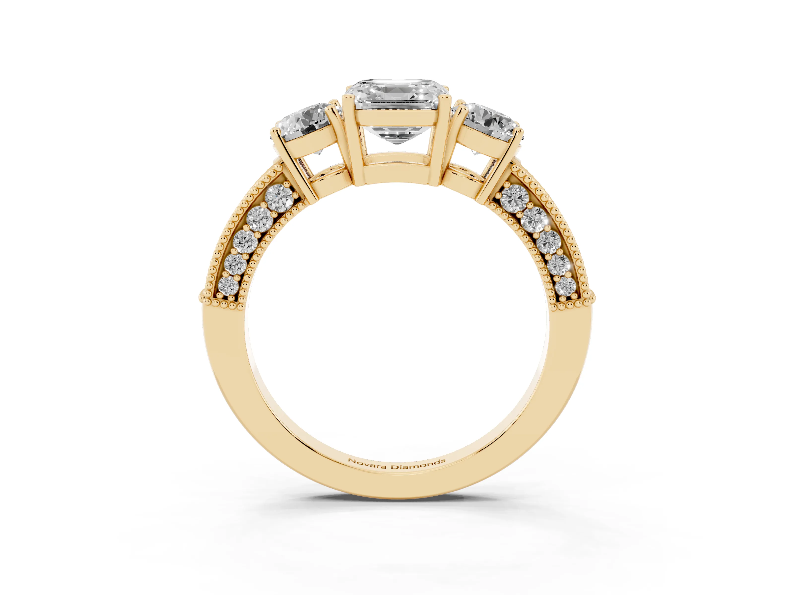 Asscher Cut Diamond Three-Stone Ring Set in Yellow gold with Round Side Stones and Pavé Band