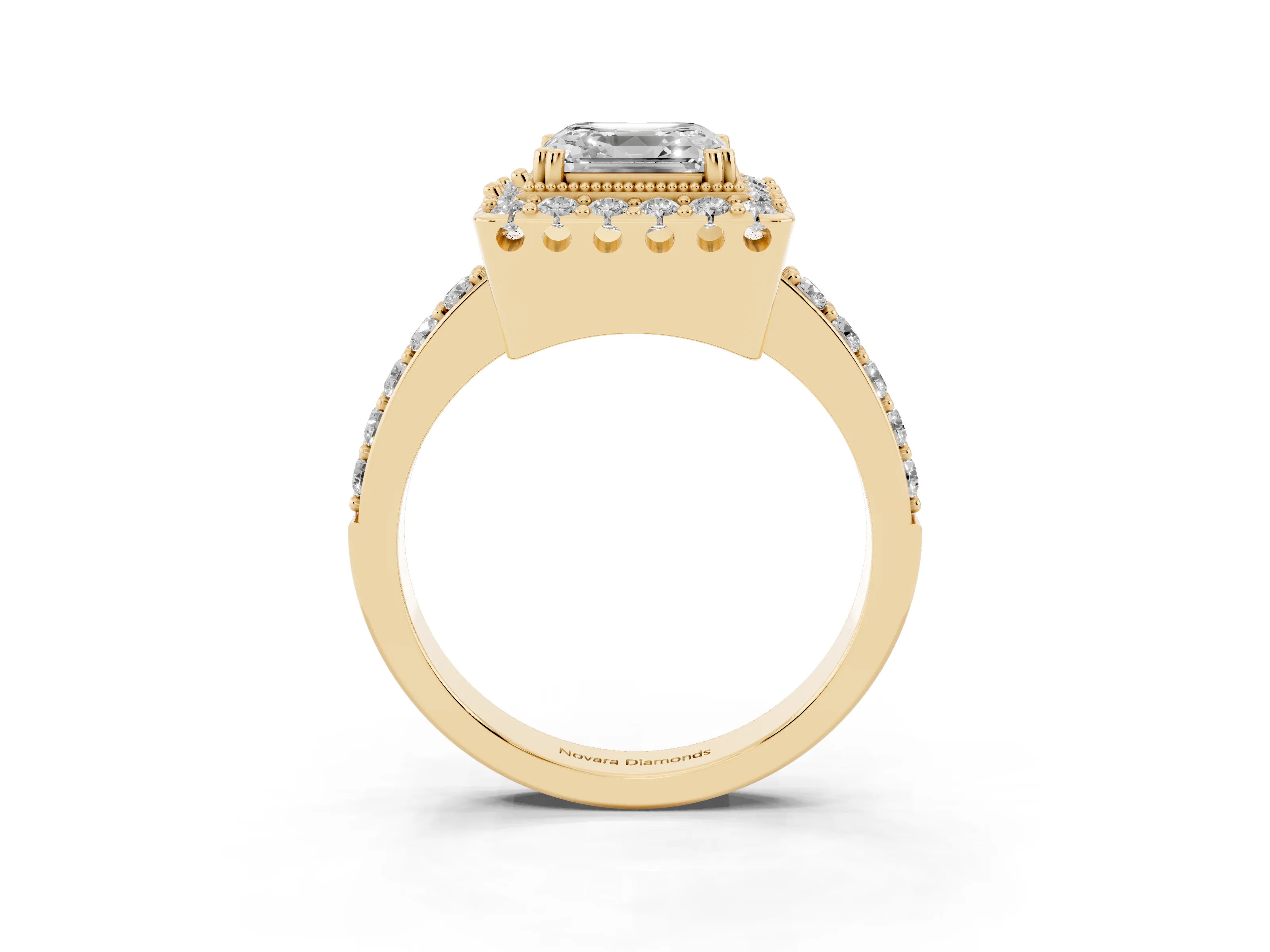 Asscher Cut Diamond Halo Ring Set in Yellow gold with Pavé Shank and Prong Setting