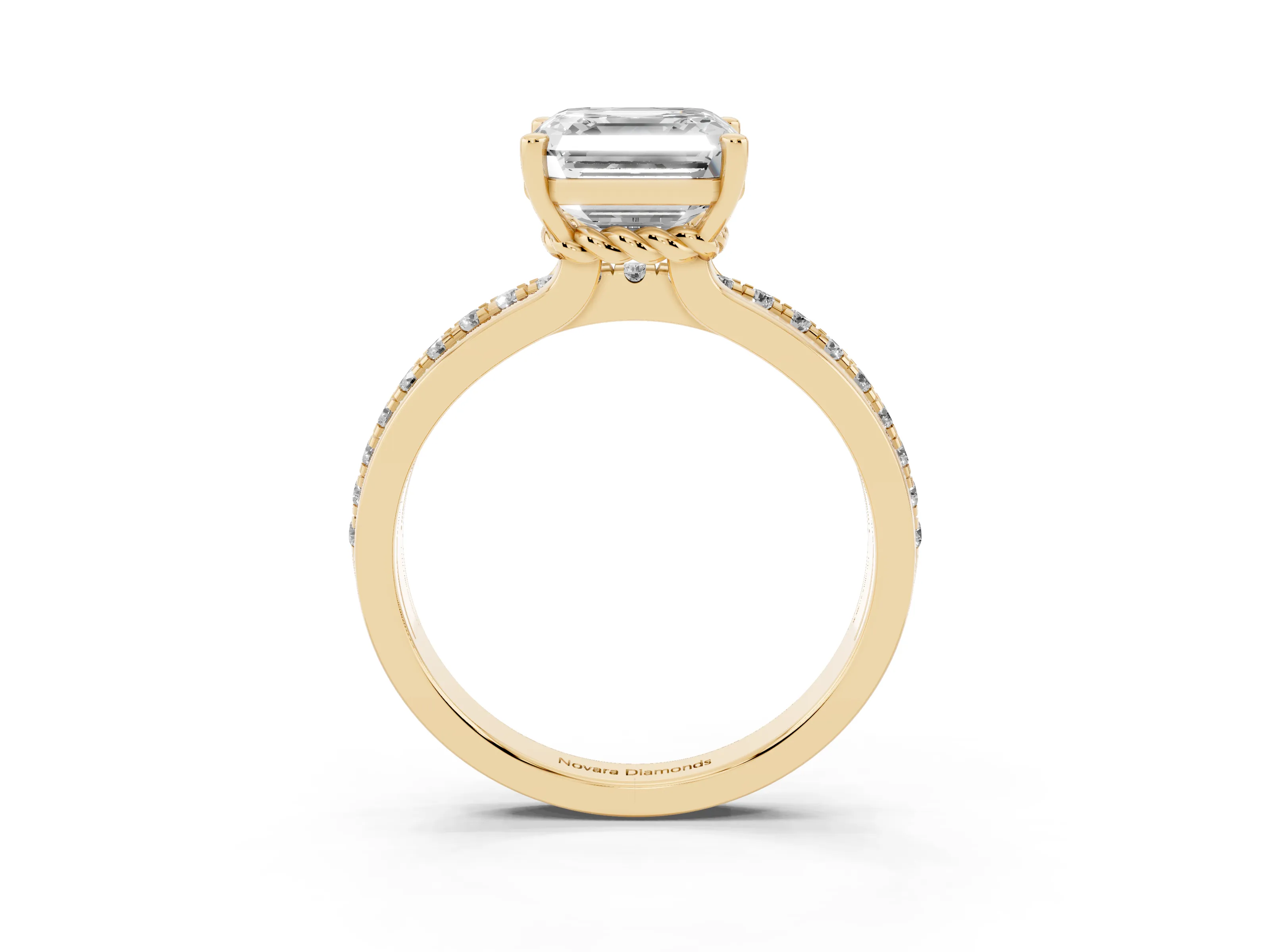 Asscher Cut Diamond Solitaire Ring Set in Yellow gold with Channel Set Band and Prong Setting