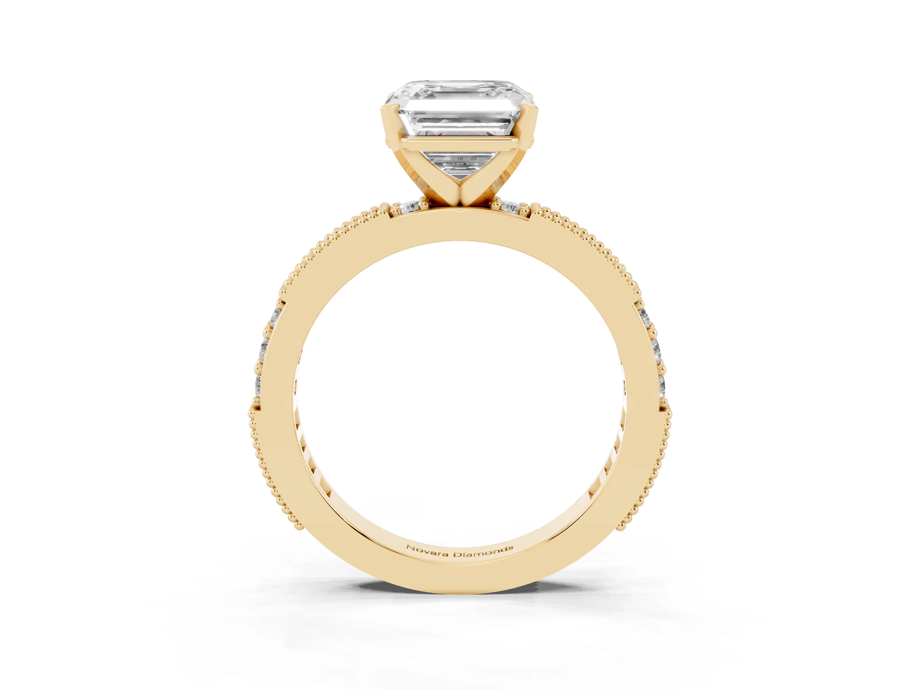 Asscher Cut Diamond Solitaire Ring Set in Yellow gold with Slim Pavé Band and Prong Setting