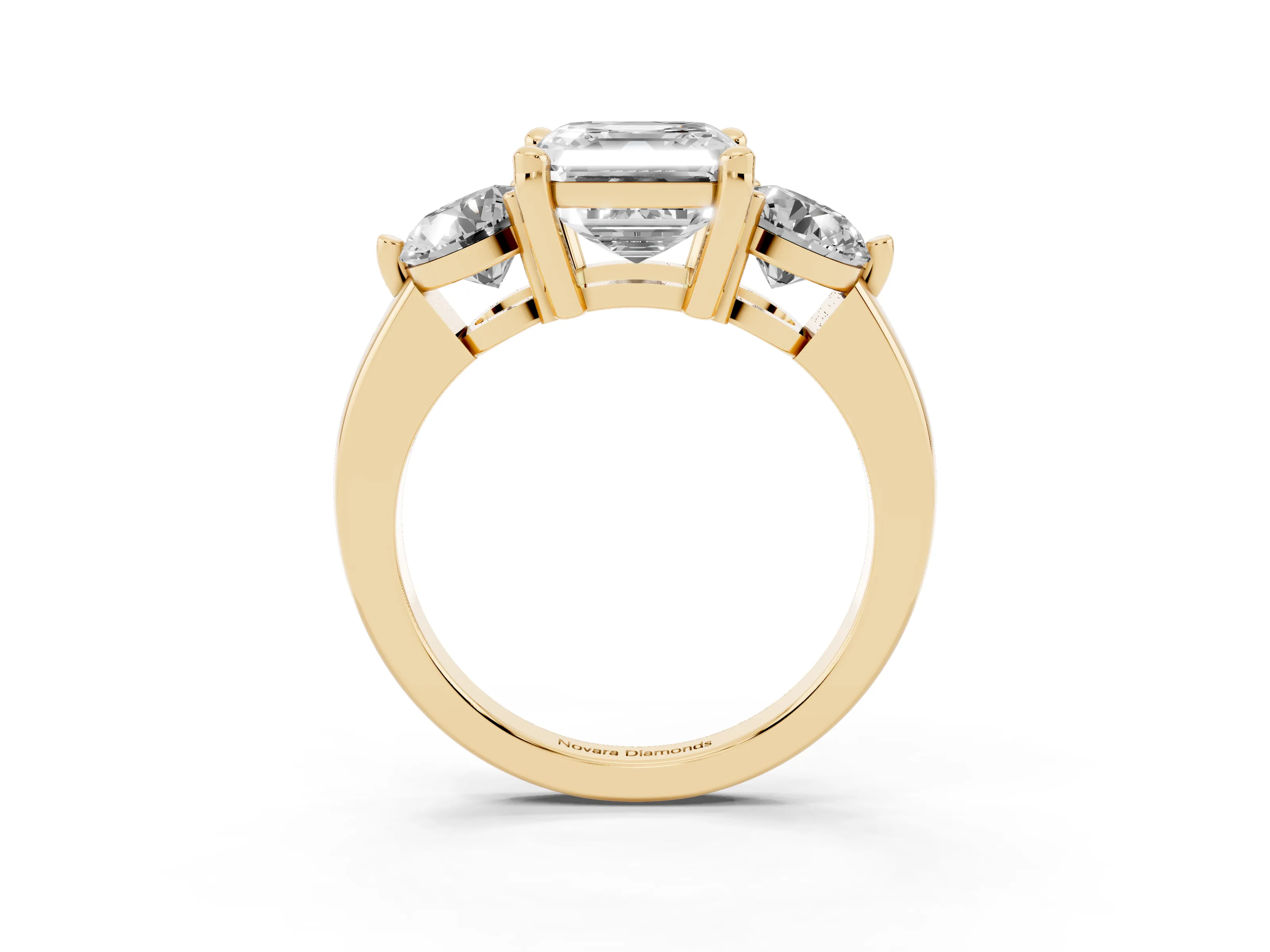 Asscher Cut Diamond Three-Stone Ring Set in Yellow gold with Prong Setting and Classic Band