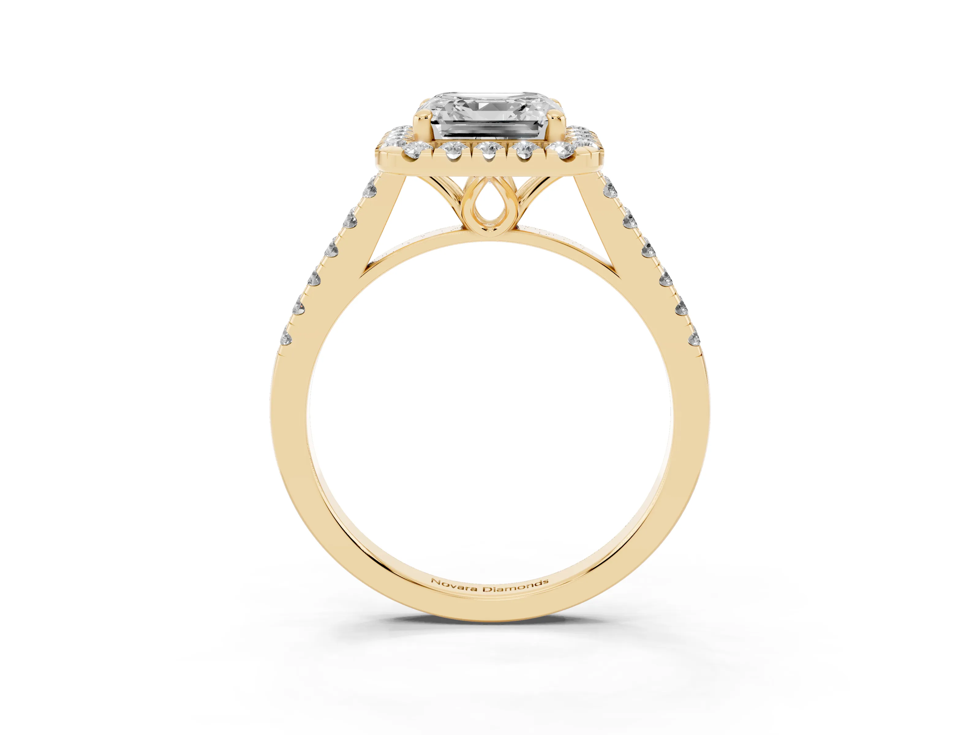 Asscher Cut Diamond Pavé Halo Engagement Ring Set in Yellow gold with Pavé Band and Prong Setting